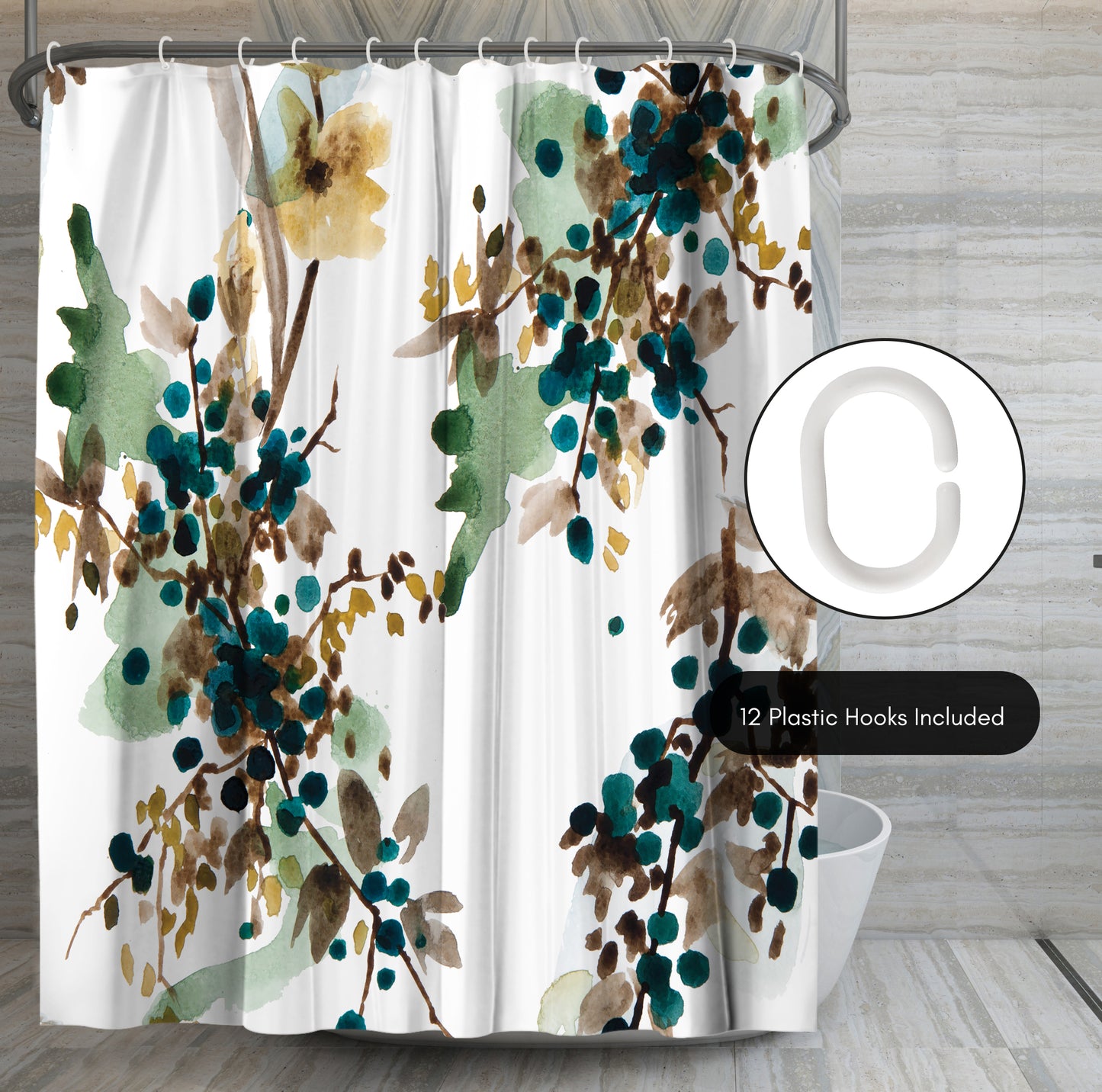 71" x 74" Abstract Shower Curtain with 12 Hooks, Watercolor Blueberry by New York Botanical Garden