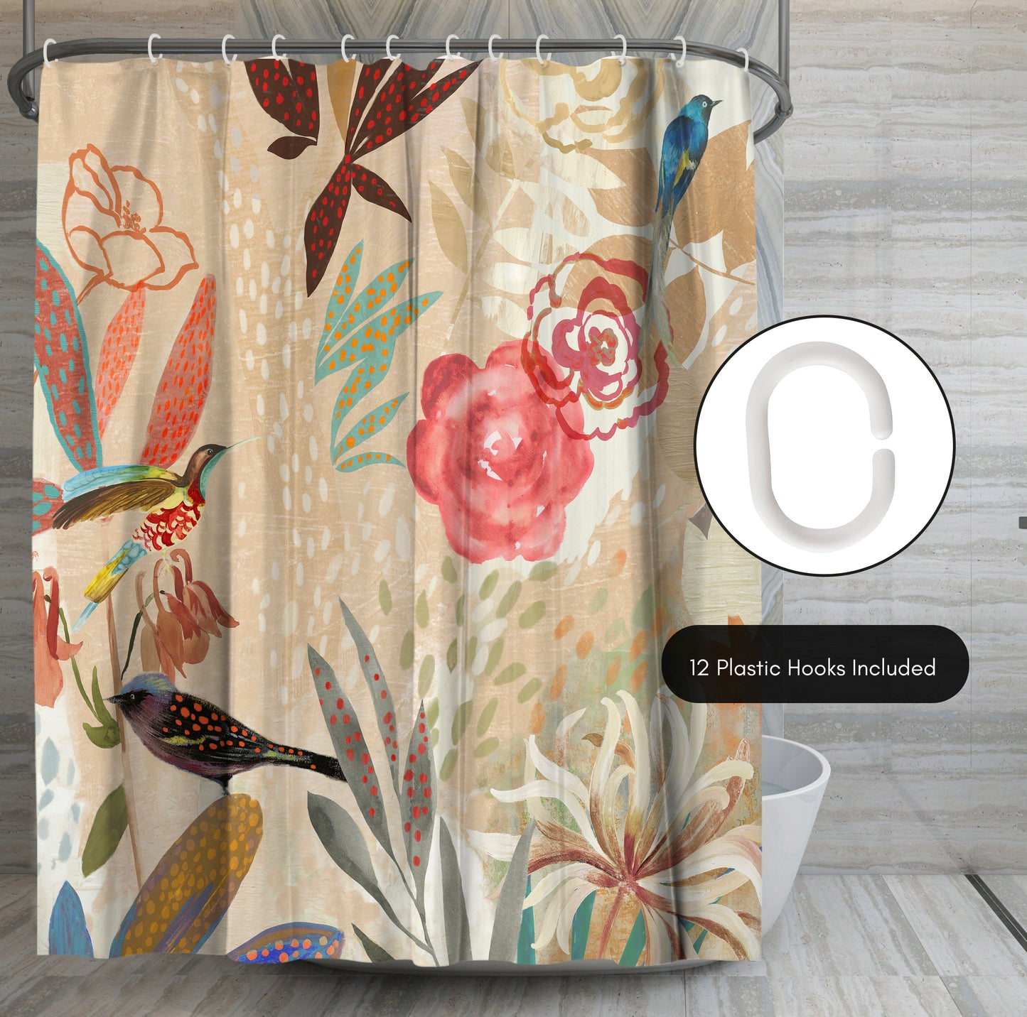 71x74 Abstract Shower Curtain with 12 Metal Grommets | Botanical-Inspired