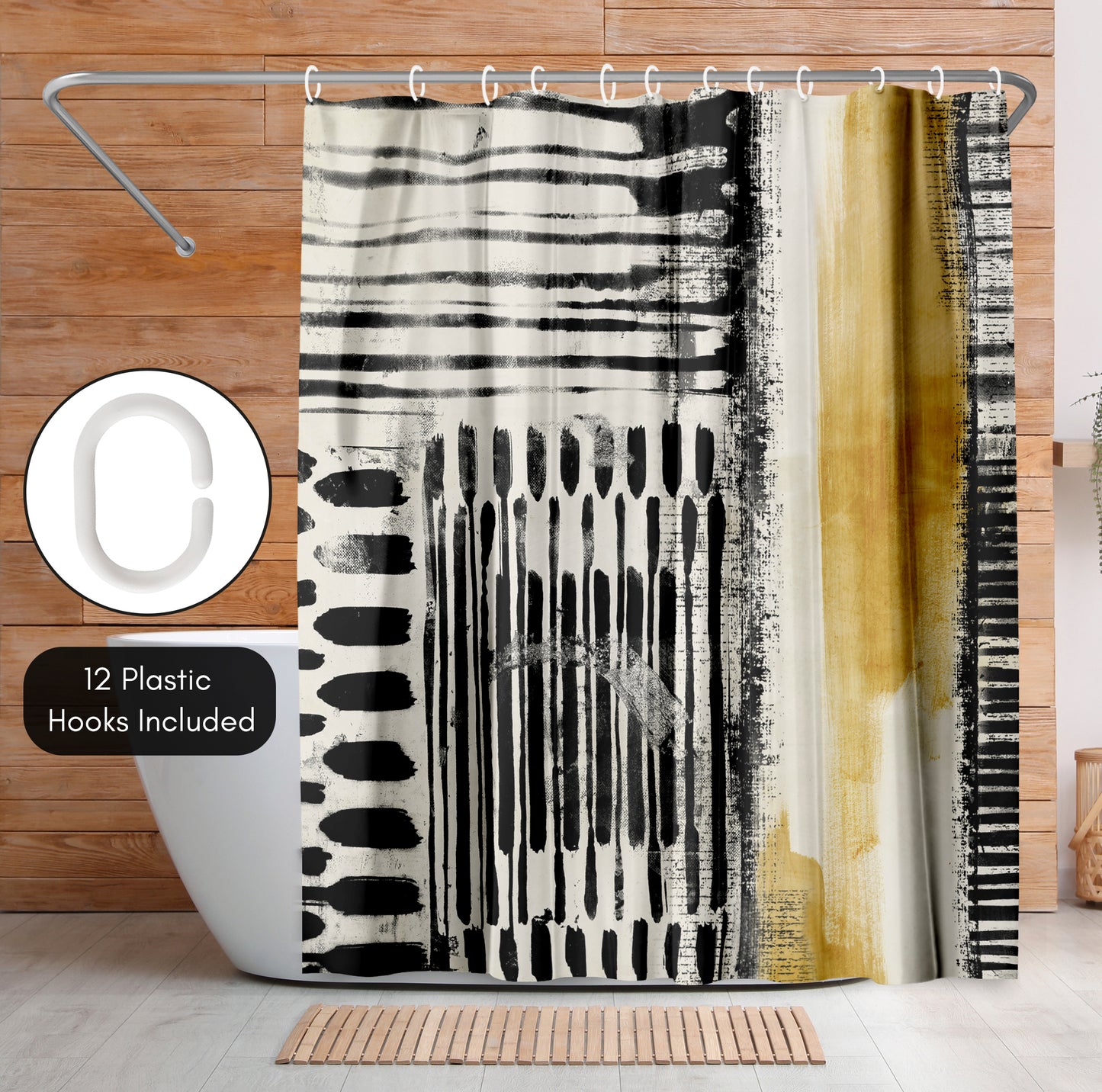 71x74 Abstract Shower Curtain with 12 Metal Grommets | Black and Gold
