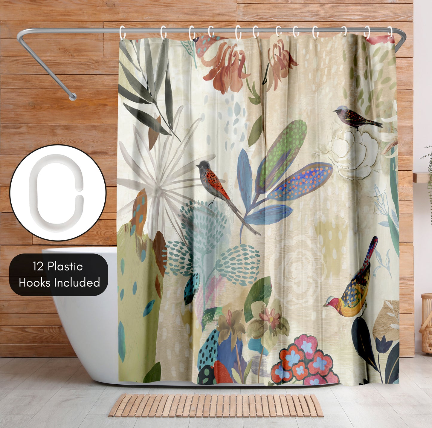 71x74 Abstract Shower Curtain with 12 Metal Grommets | Colorful Botanical Design