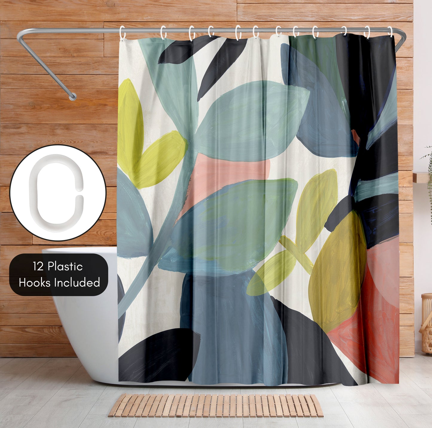 71x74 Abstract Shower Curtain with 12 Metal Grommets | Vibrant Botanical Design