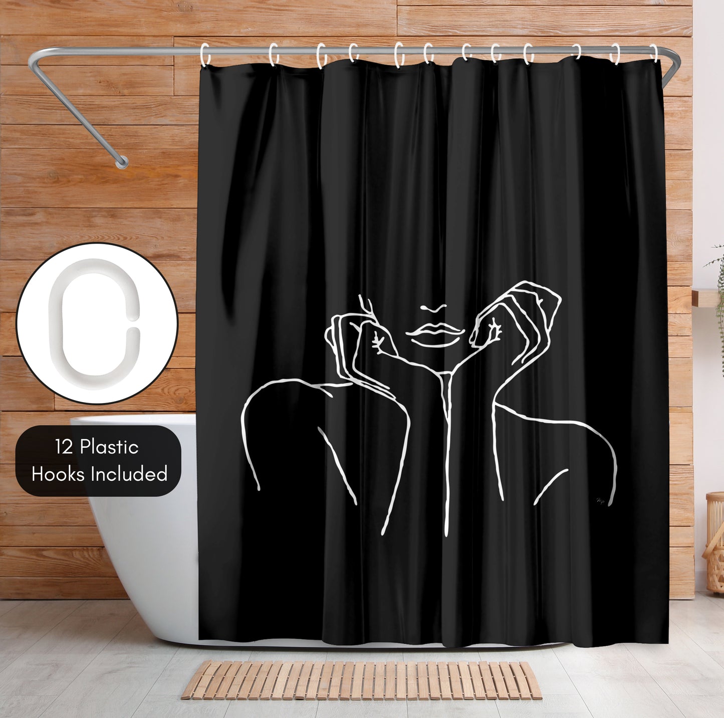 71x74 Decorative Shower Curtain with 12 Metal Grommets | Black