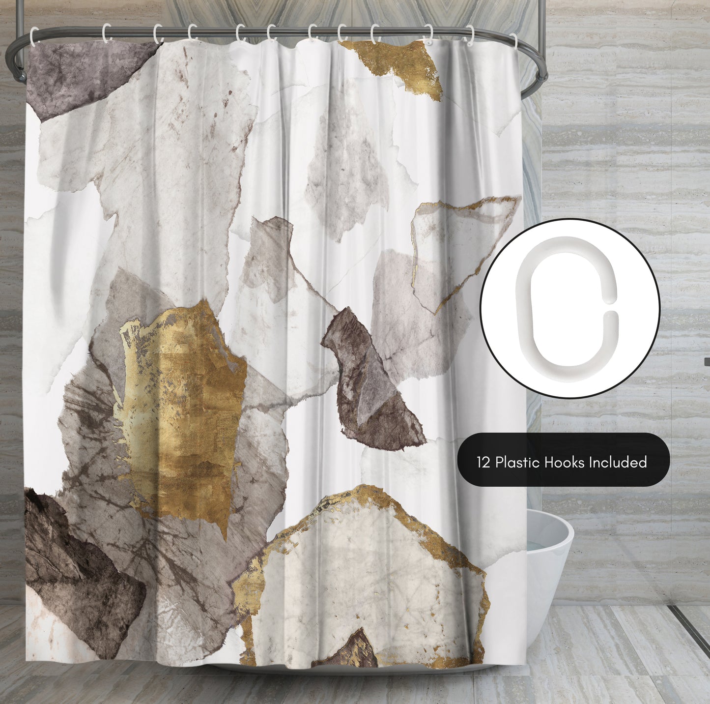 71x74 Abstract Shower Curtain with 12 Metal Grommets | White and Gold