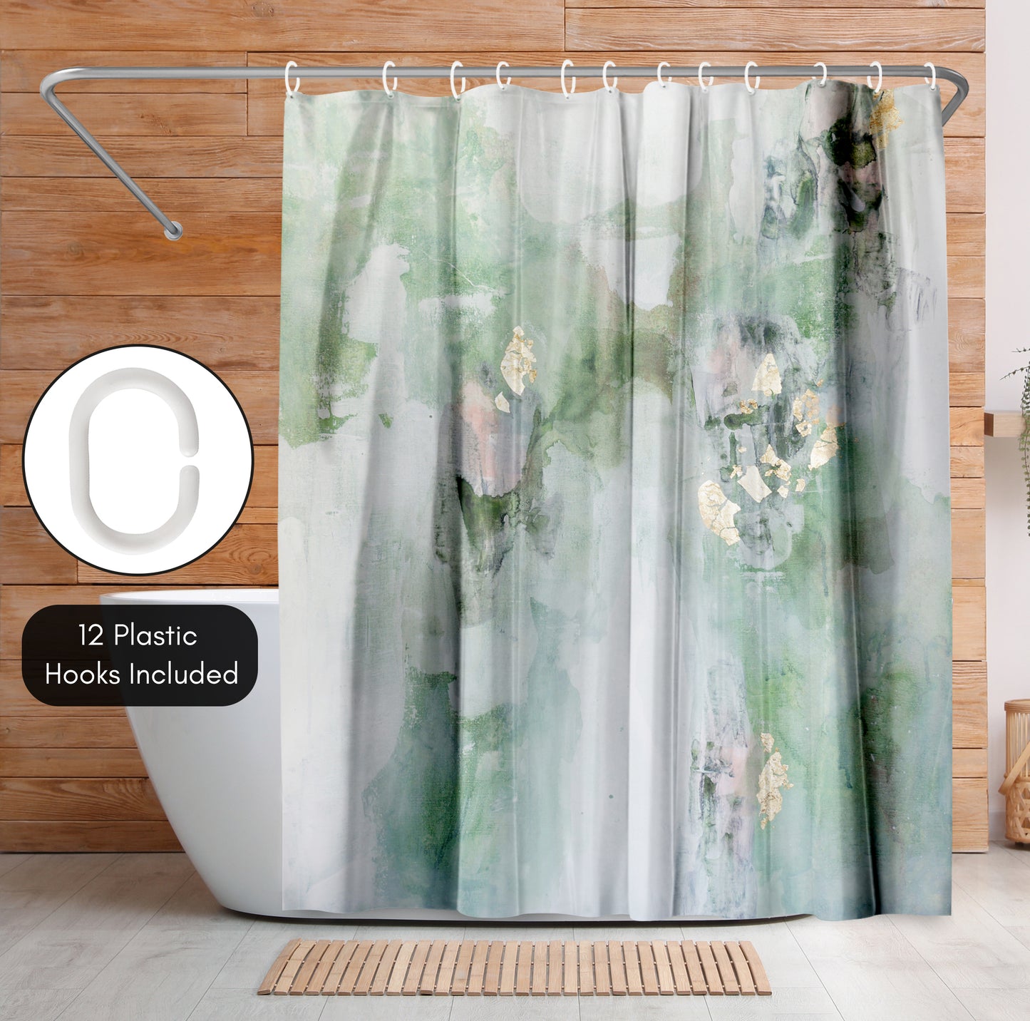 71x74 Abstract Shower Curtain with 12 Metal Grommets | Green Modern Design