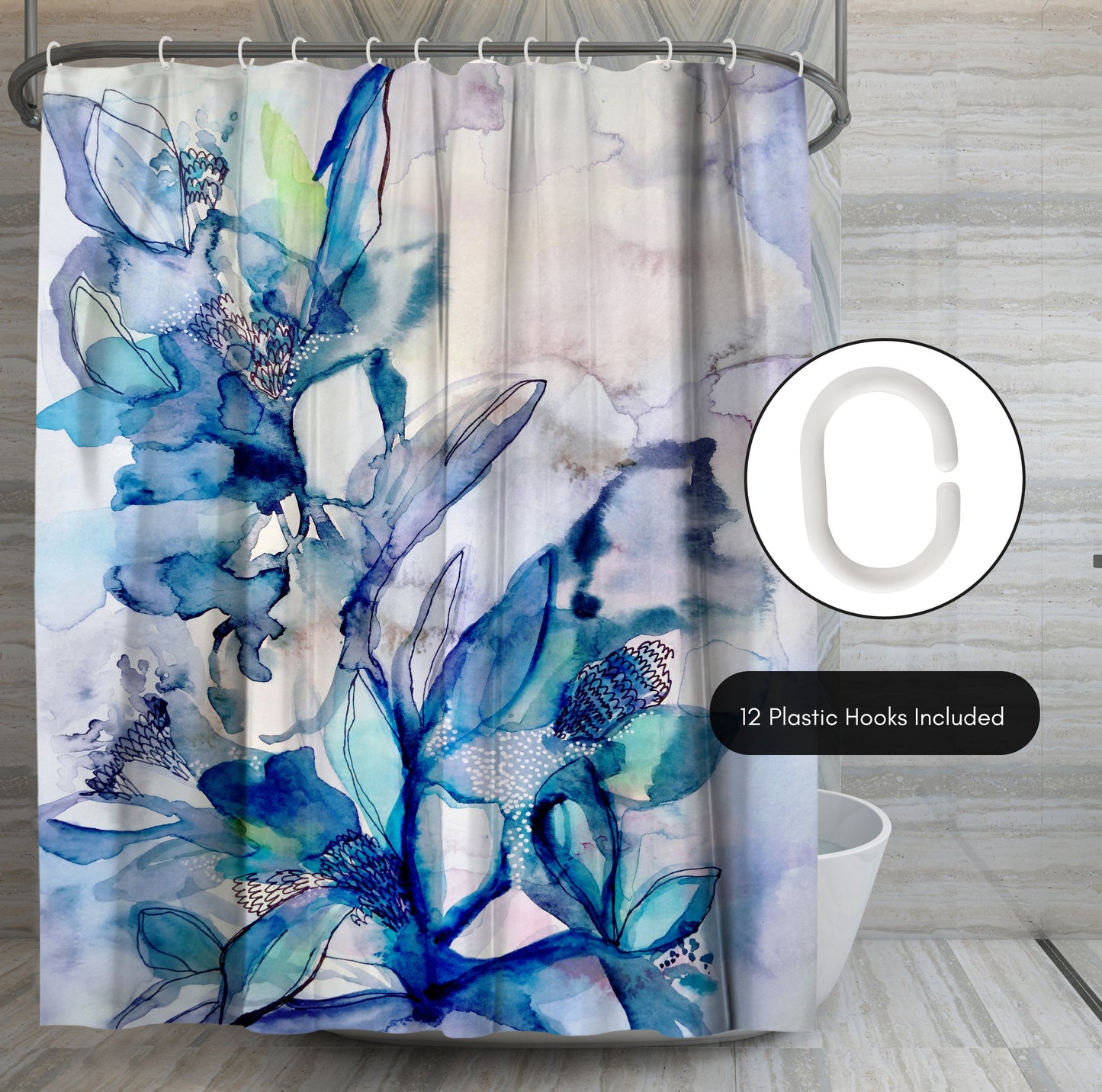 71" x 74" Abstract Shower Curtain with 12 Hooks, Aqua Floral by Hope Bainbridge