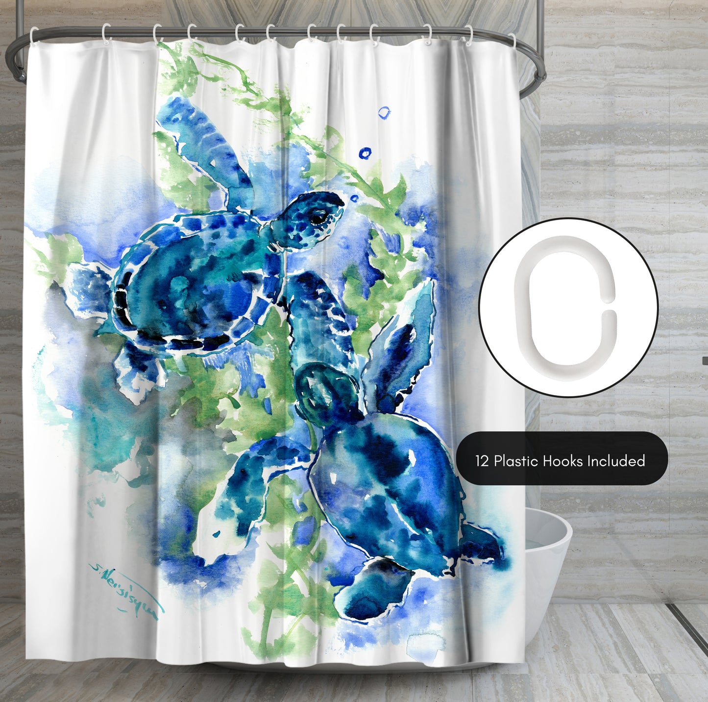 71" x 74" Abstract Shower Curtain with 12 Hooks, Sea Turtles 1 by Suren Nersisyan