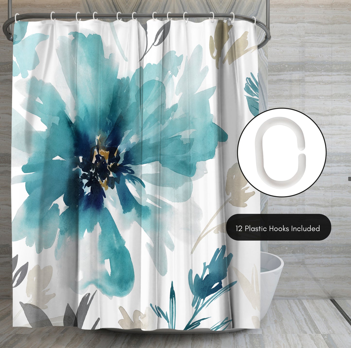 71x74 Abstract Shower Curtain with 12 Metal Grommets | Blue Floral