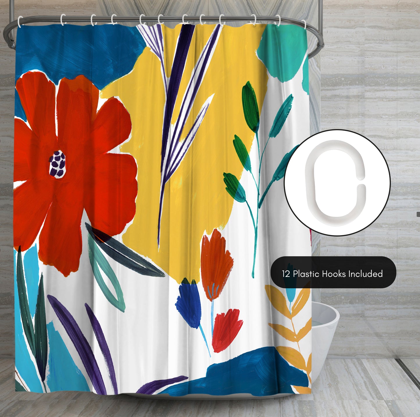 71x74 Boho Shower Curtain with 12 Metal Grommets | Bright Floral Design