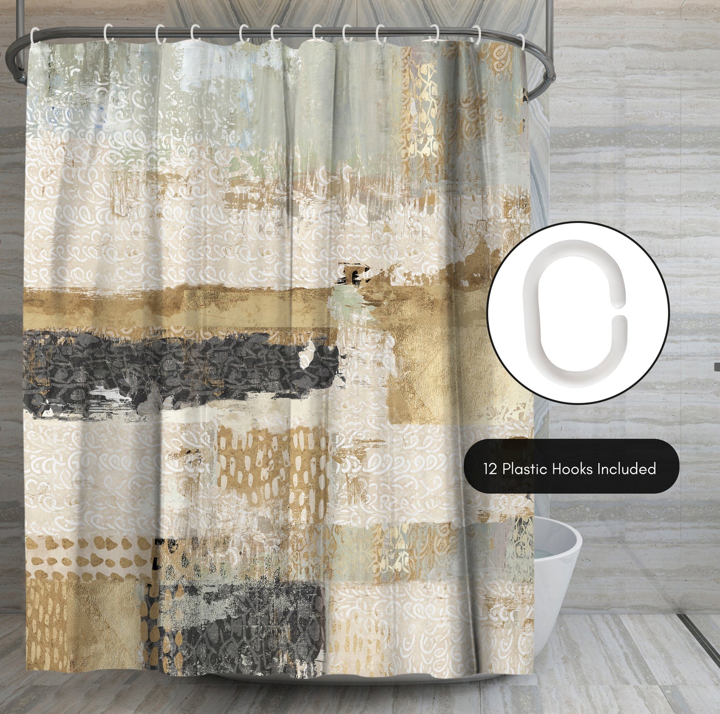 71x74 Abstract Shower Curtain with 12 Metal Grommets | Horizontal Distressed Textures