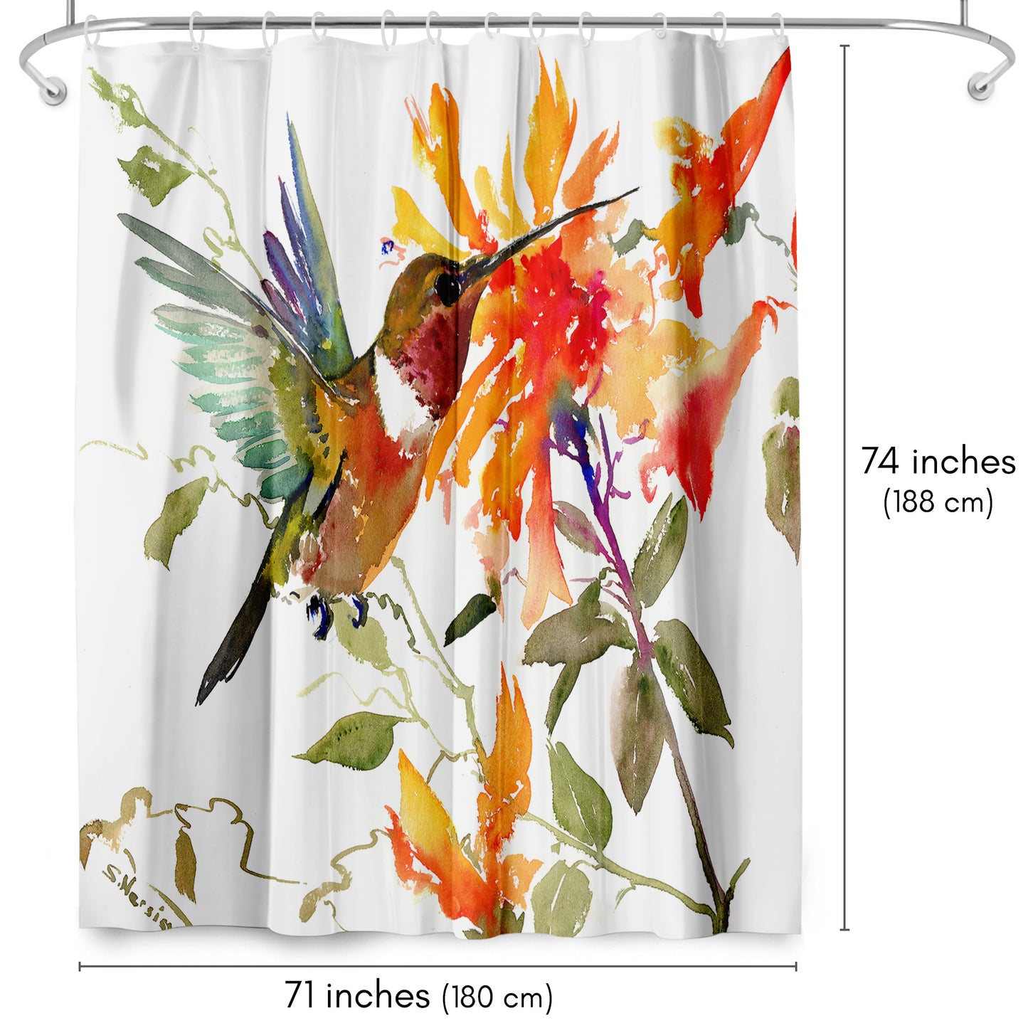71x74 Shower Curtain with 12 Metal Grommets | Hummingbird and Orange Flowers