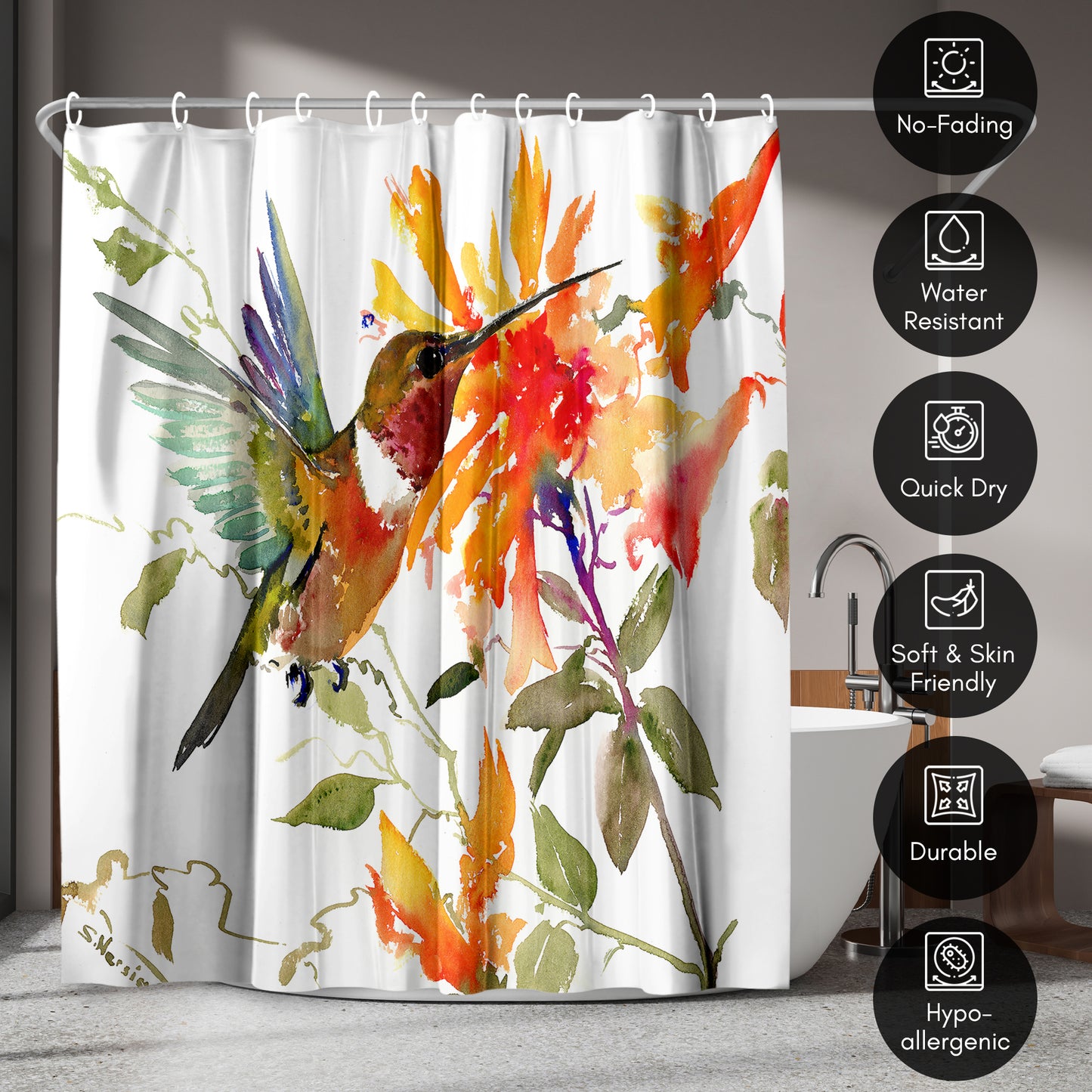 71x74 Shower Curtain with 12 Metal Grommets | Hummingbird and Orange Flowers