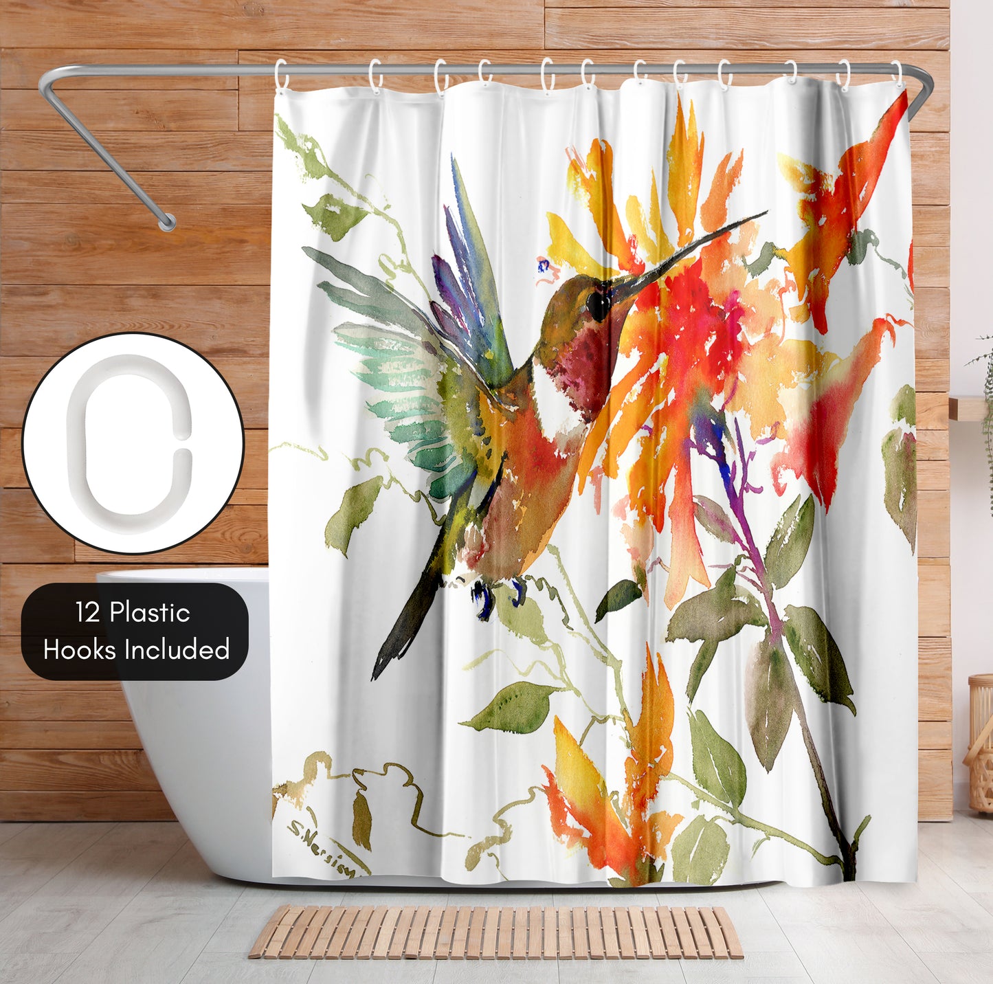 71x74 Shower Curtain with 12 Metal Grommets | Hummingbird and Orange Flowers