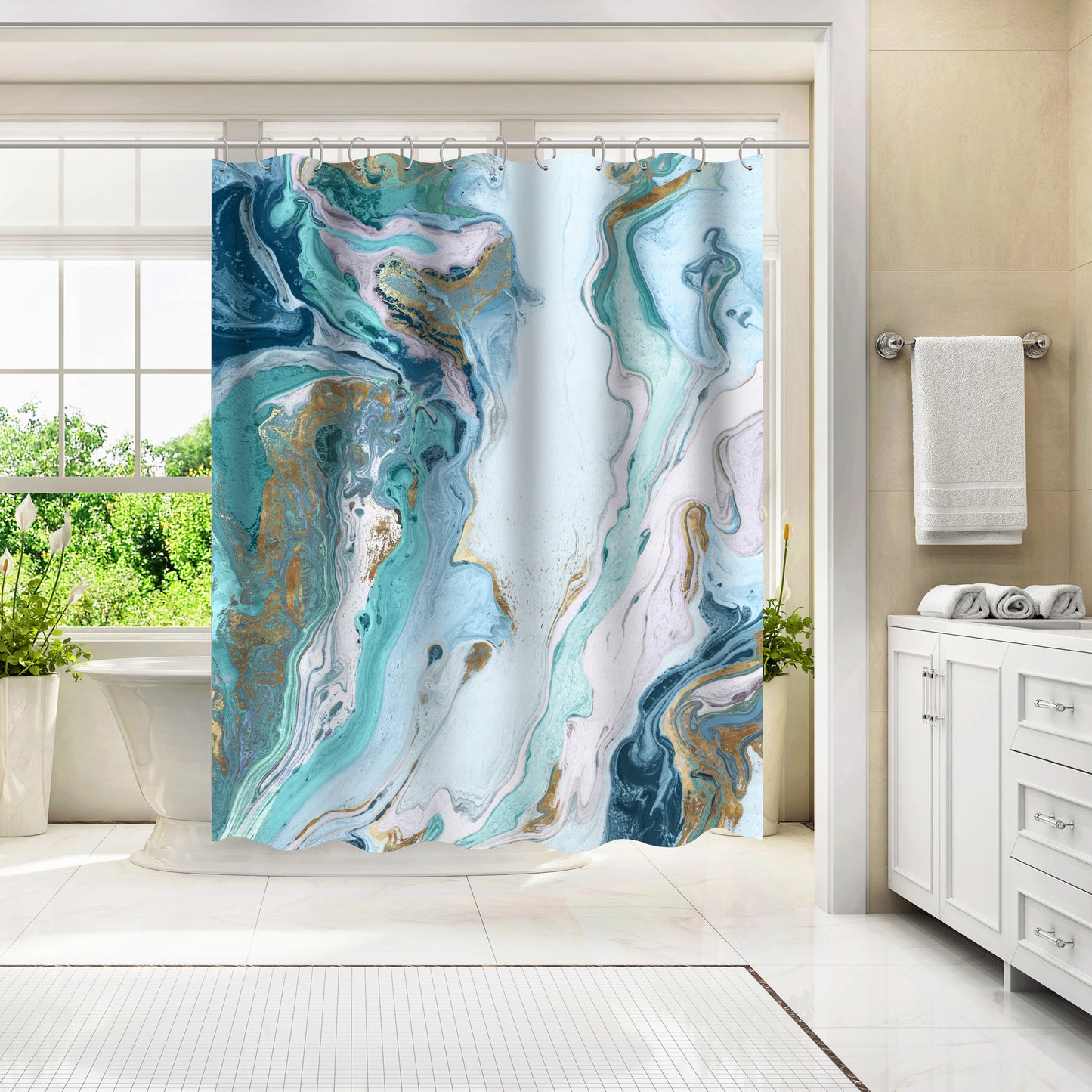 71" x 74" Abstract Shower Curtain with 12 Hooks, Marble Petroleum Ii by PI Creative Art