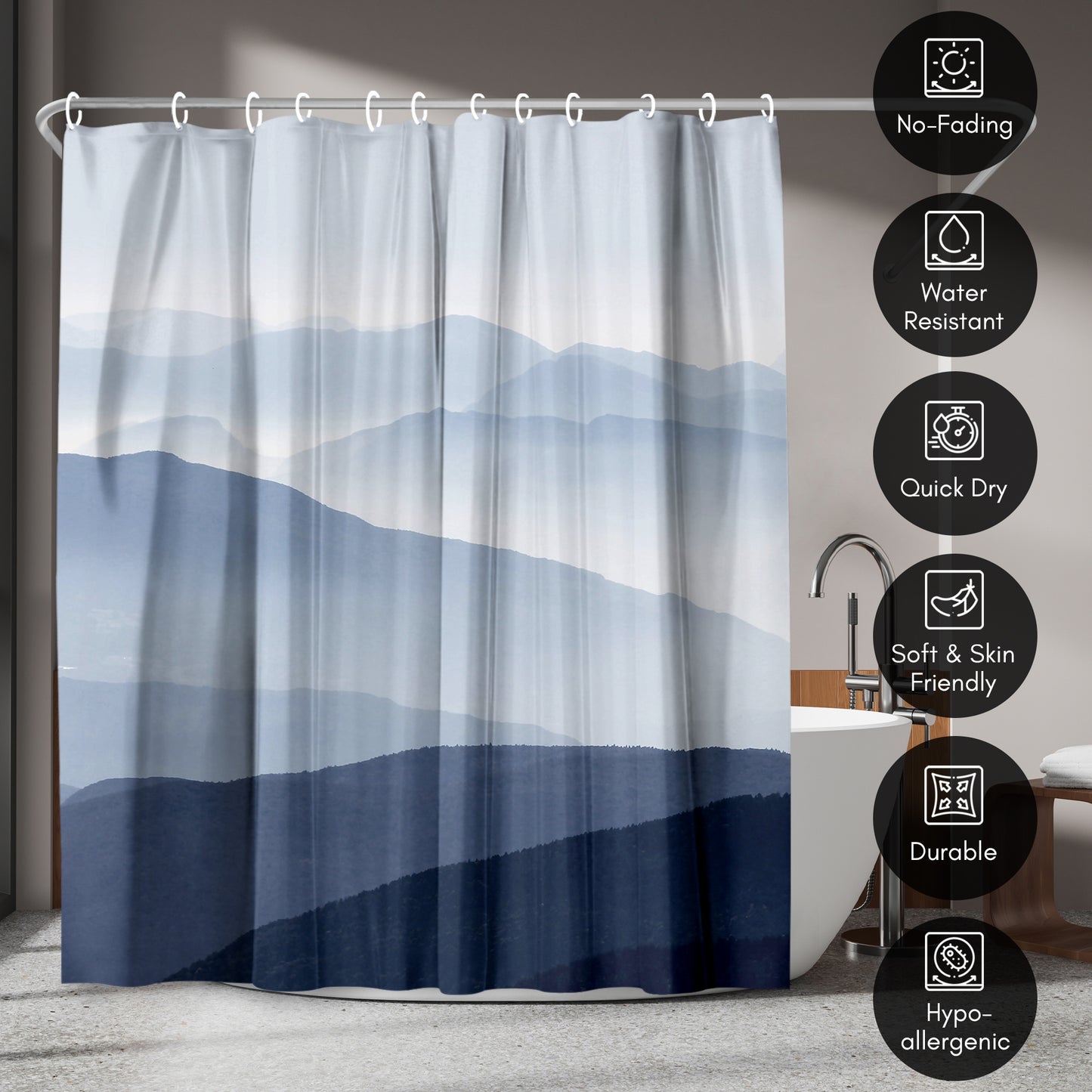 71x74 Blue Mountain Shower Curtain with 12 Metal Grommets