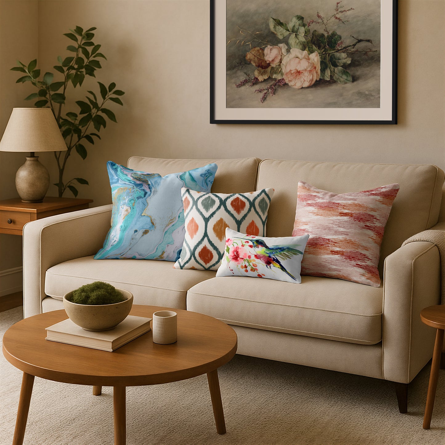 Throw Pillow with Sewn-In Insert | Hummingbird and Flowers Design