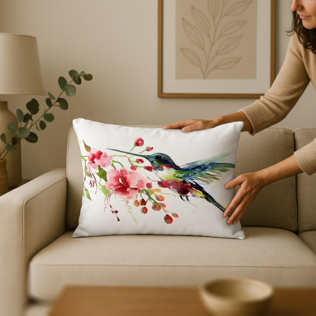 Throw Pillow with Sewn-In Insert | Hummingbird and Flowers Design