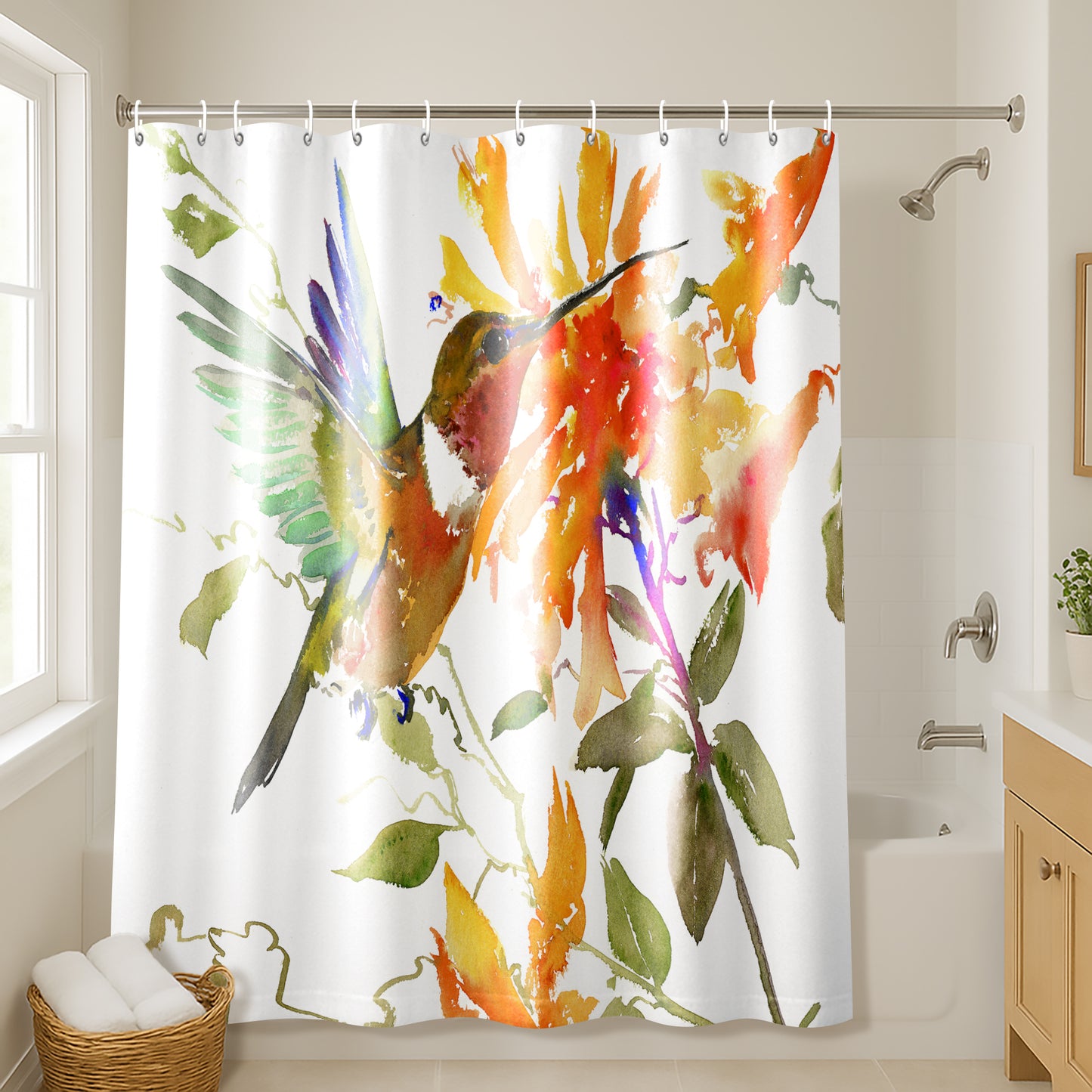 71x74 Shower Curtain with 12 Metal Grommets | Hummingbird and Orange Flowers