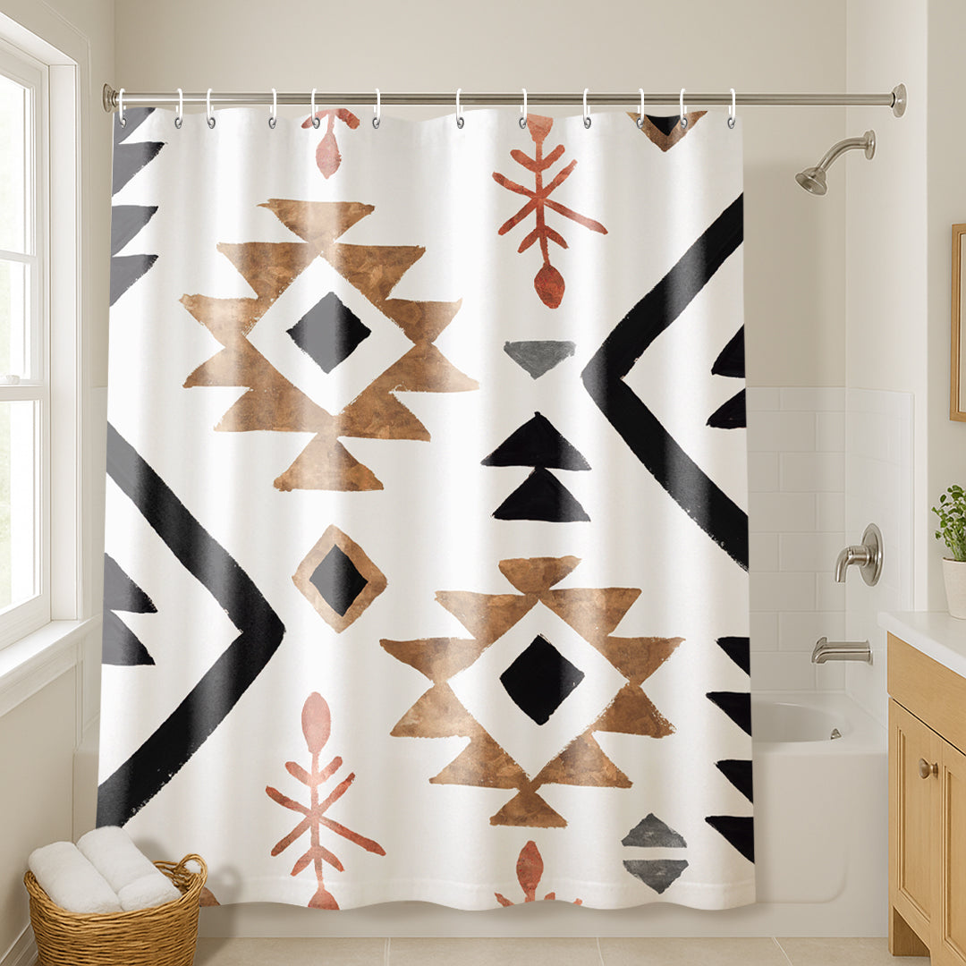 71x74 Boho Shower Curtain with 12 Metal Grommets | Geometric Design