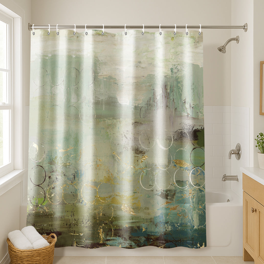 71x74 Shower Curtain with 12 Metal Grommets | Muted Green and Gold Accents