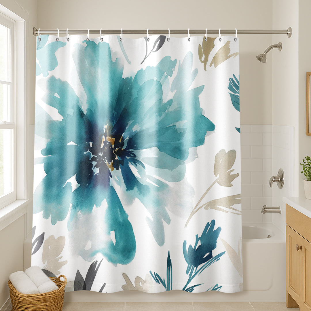 71x74 Abstract Shower Curtain with 12 Metal Grommets | Blue Floral