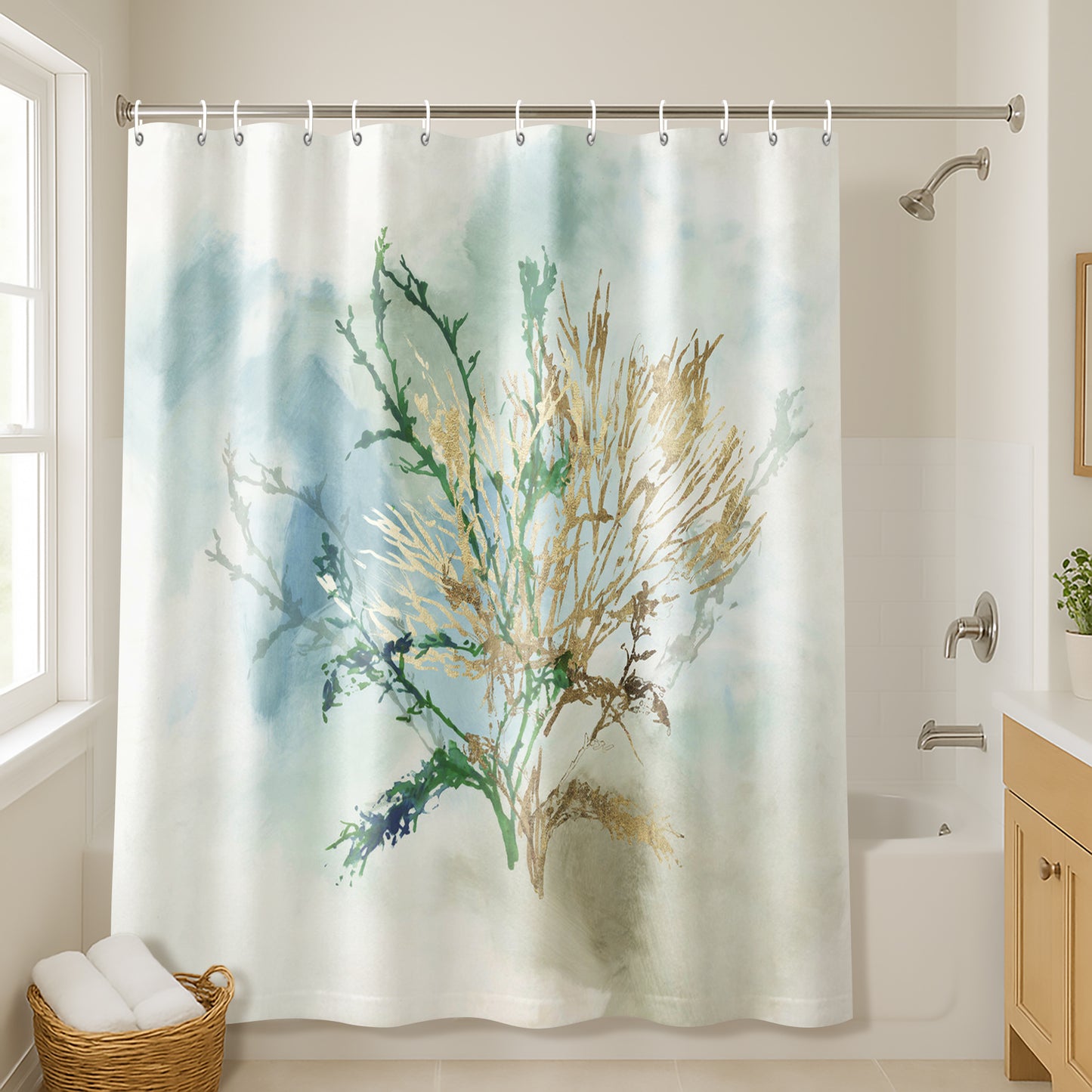 71x74 Abstract Shower Curtain with 12 Metal Grommets | Green Coral