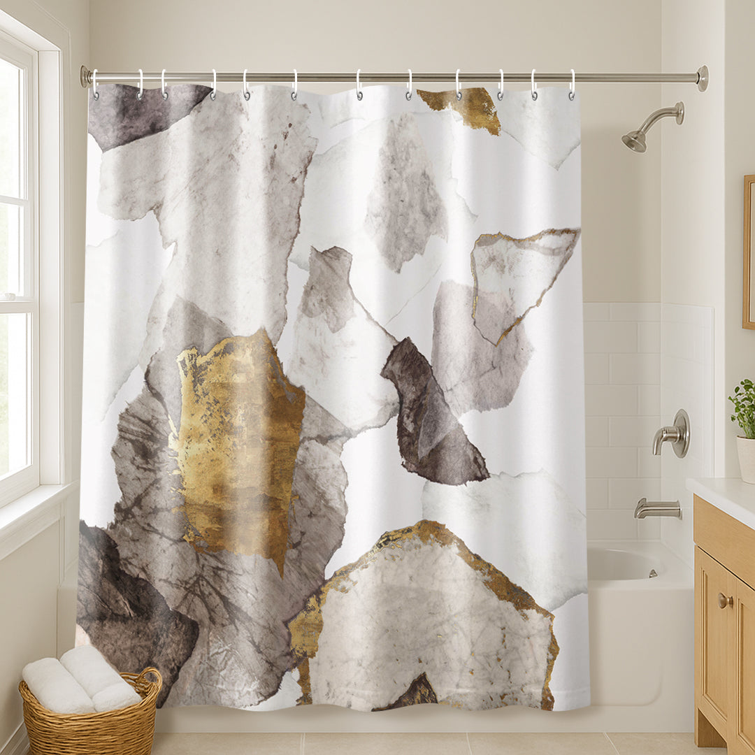 71x74 Abstract Shower Curtain with 12 Metal Grommets | White and Gold
