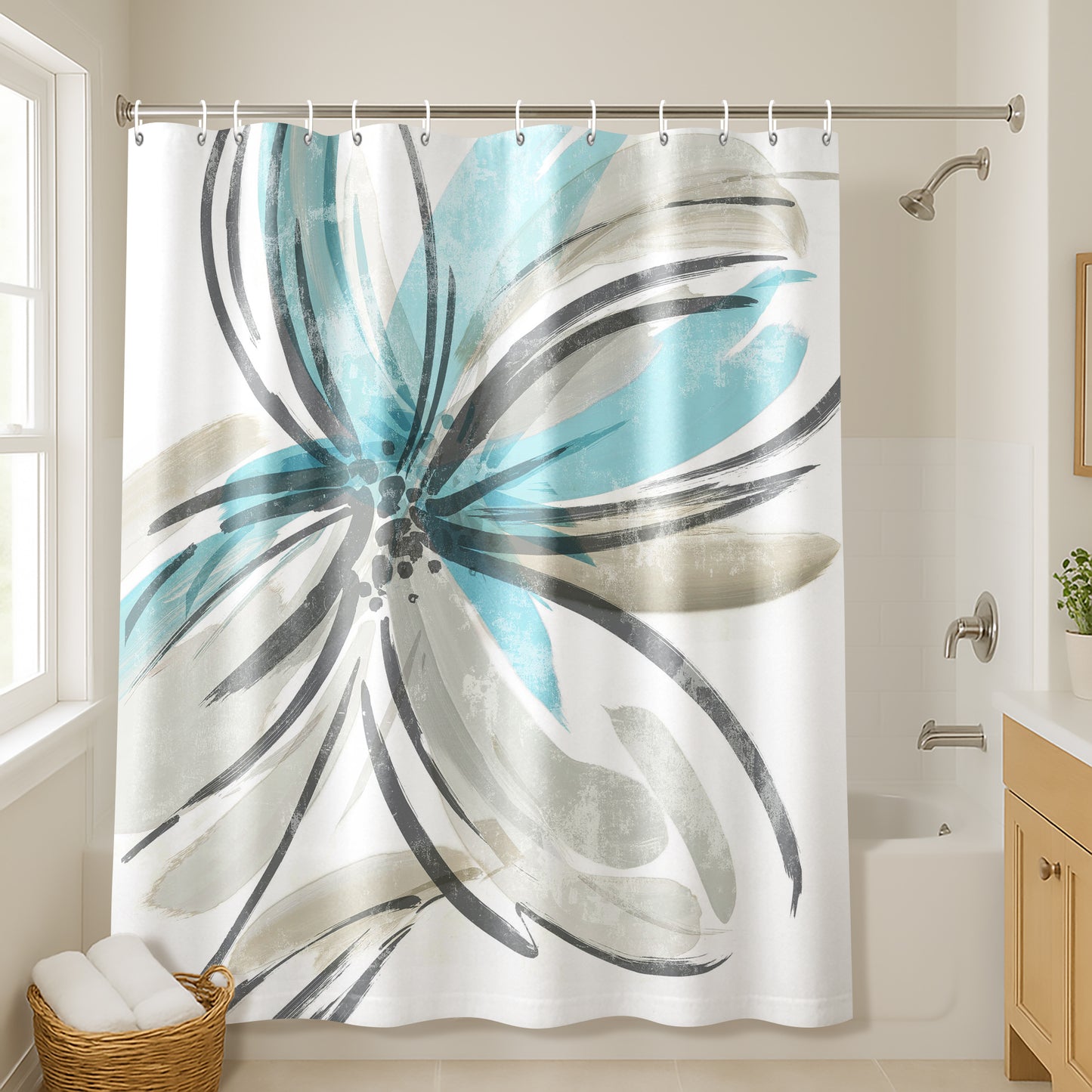 71x74 Shower Curtain with 12 Metal Grommets | Light Blue and Grey