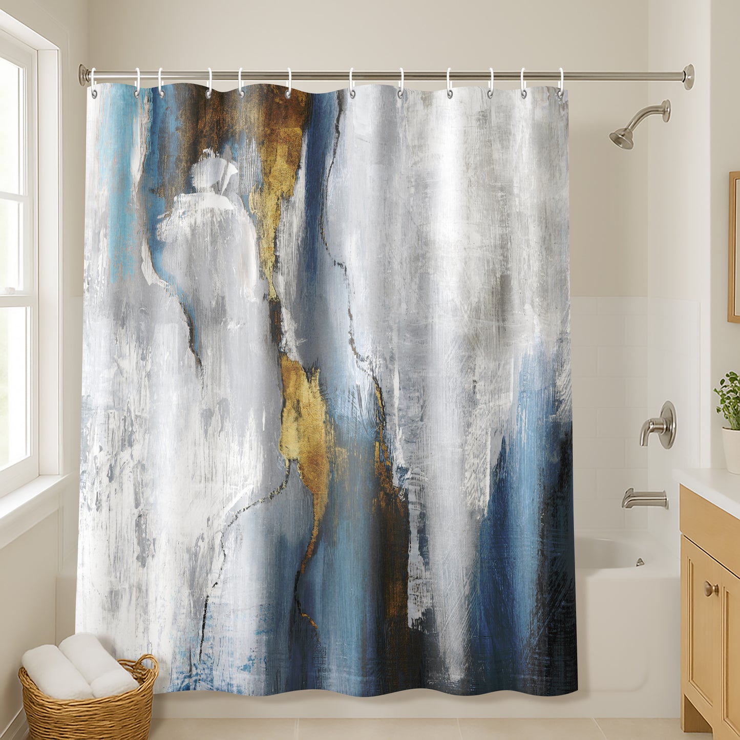 71x74 Abstract Shower Curtain with 12 Metal Grommets | Blue and Gold
