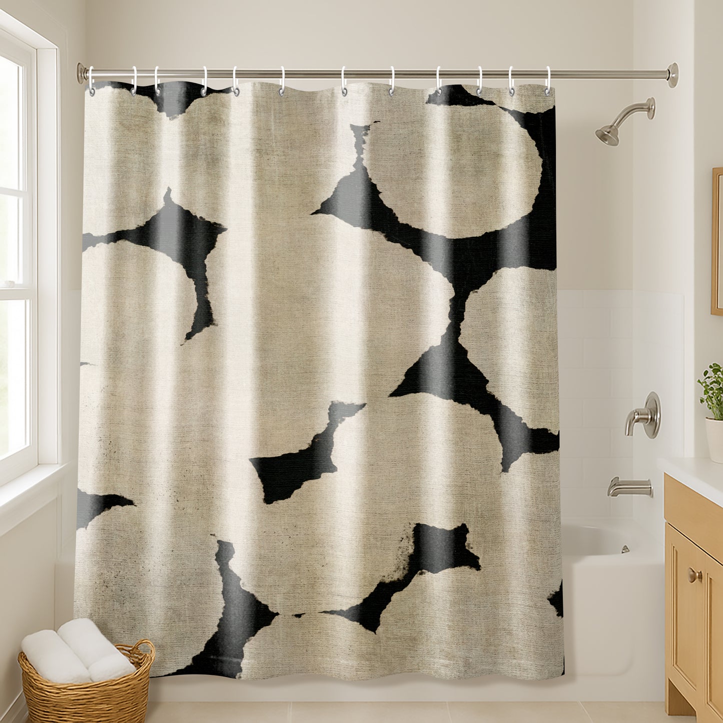 71x74 Shower Curtain with 12 Metal Grommets | Beige and Black