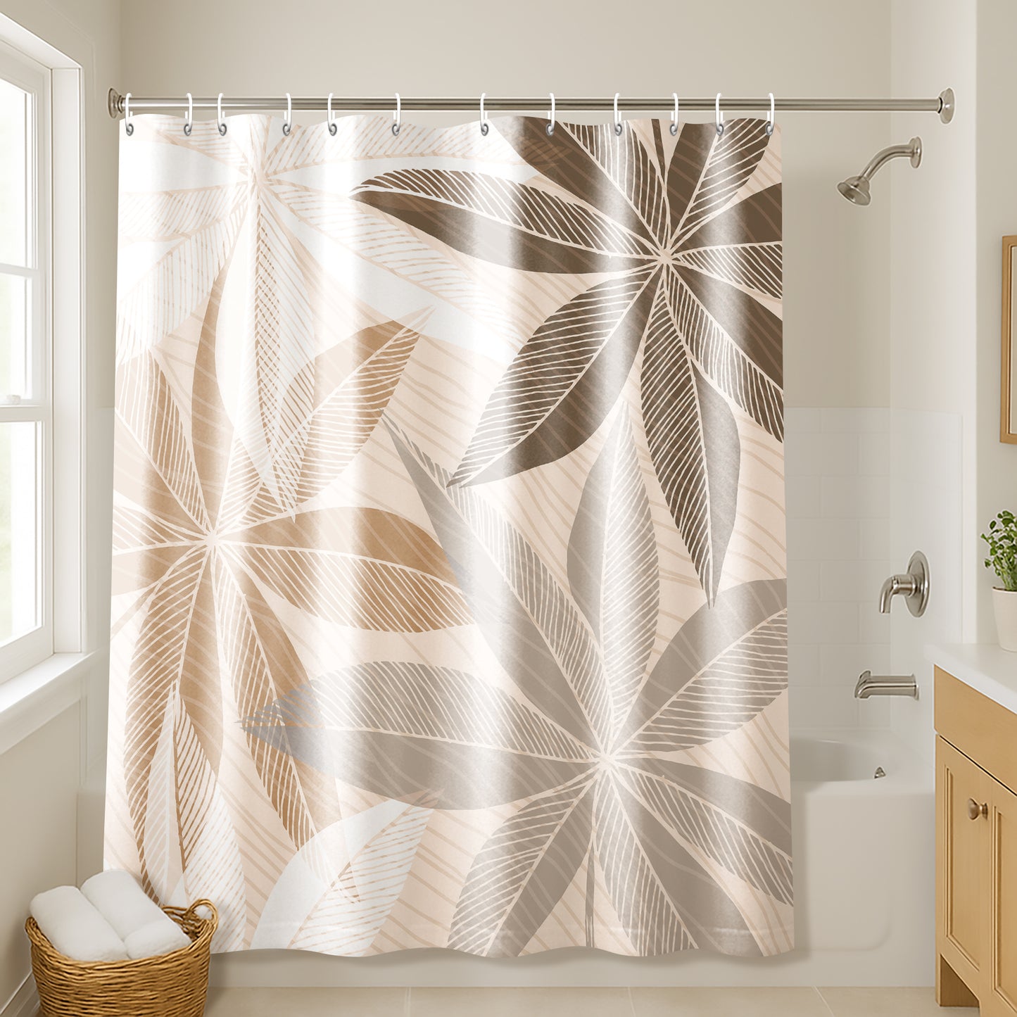71x74 Shower Curtain with 12 Metal Grommets | Neutral Tropical Design
