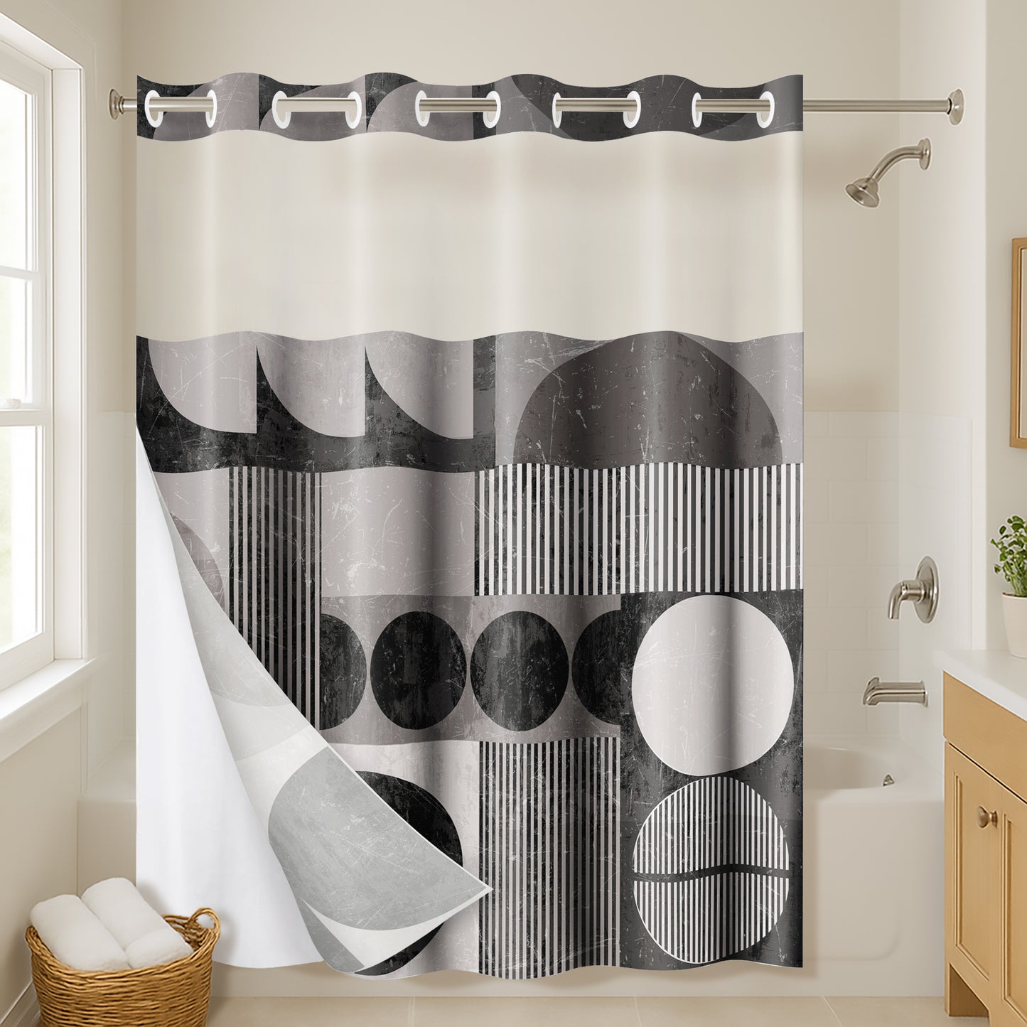 72x75 Hookless Shower Curtain with Sheer Panel, Snap-In Liner, and Grommets