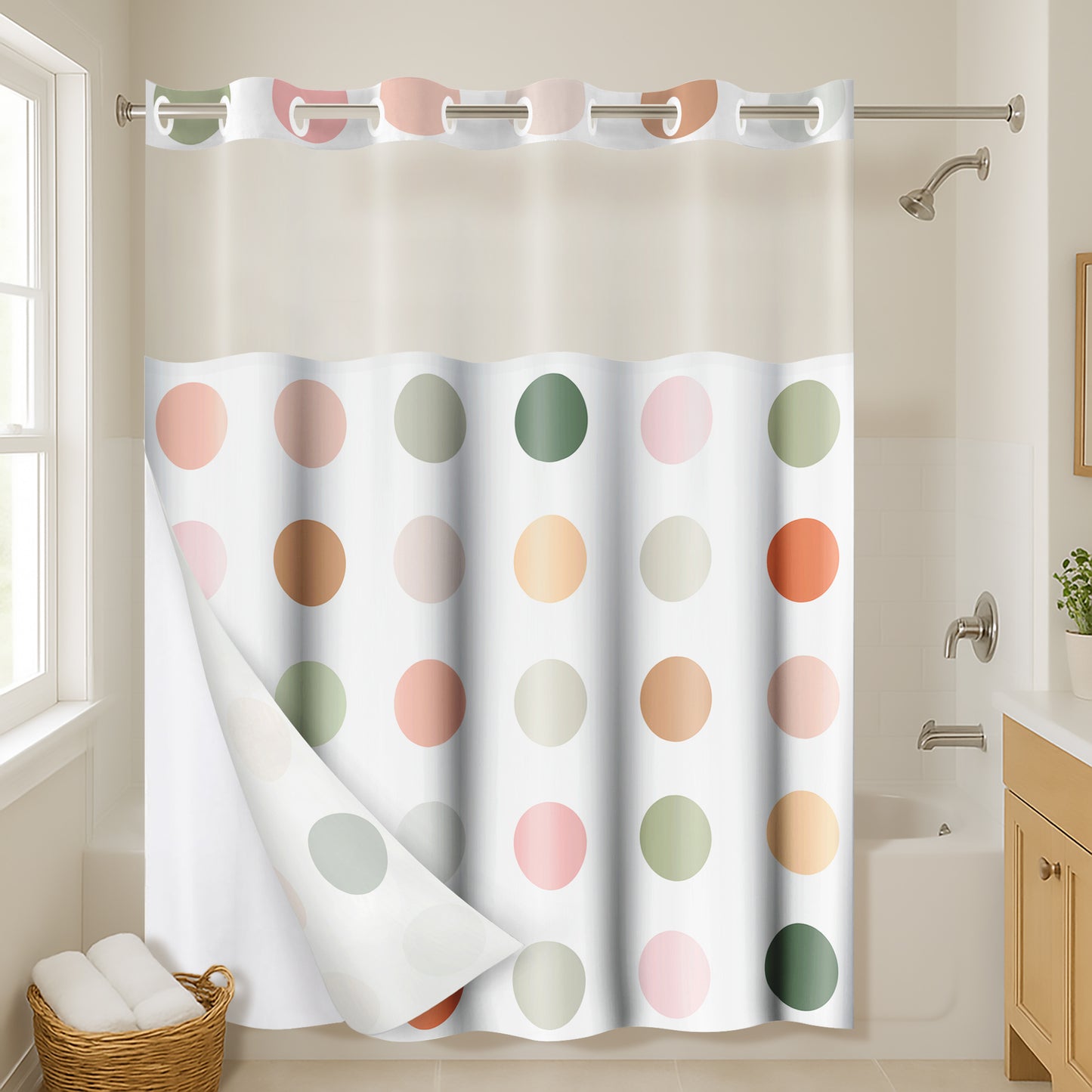 72x75 Hookless Shower Curtain with Sheer Panel, Snap-In Liner, and Grommets