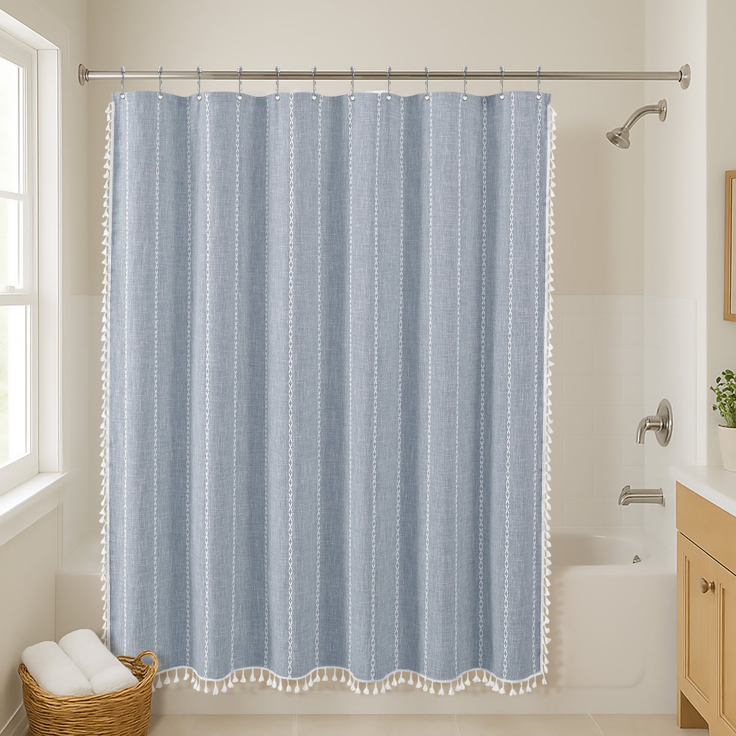 71x71 Woven Linen Shower Curtain with Tassel Accents and 12 Grommets | Solid Color