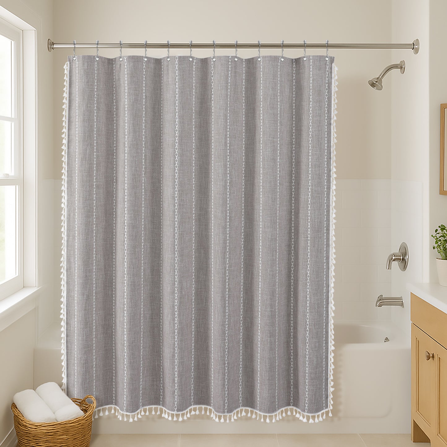 71x71 Woven Linen Shower Curtain with Tassel Accents and 12 Grommets | Solid Color