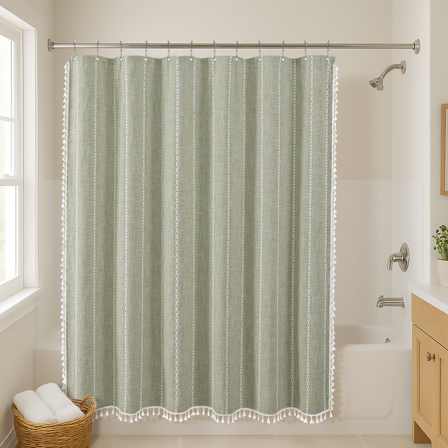 71x71 Woven Linen Shower Curtain with Tassel Accents and 12 Grommets | Solid Color