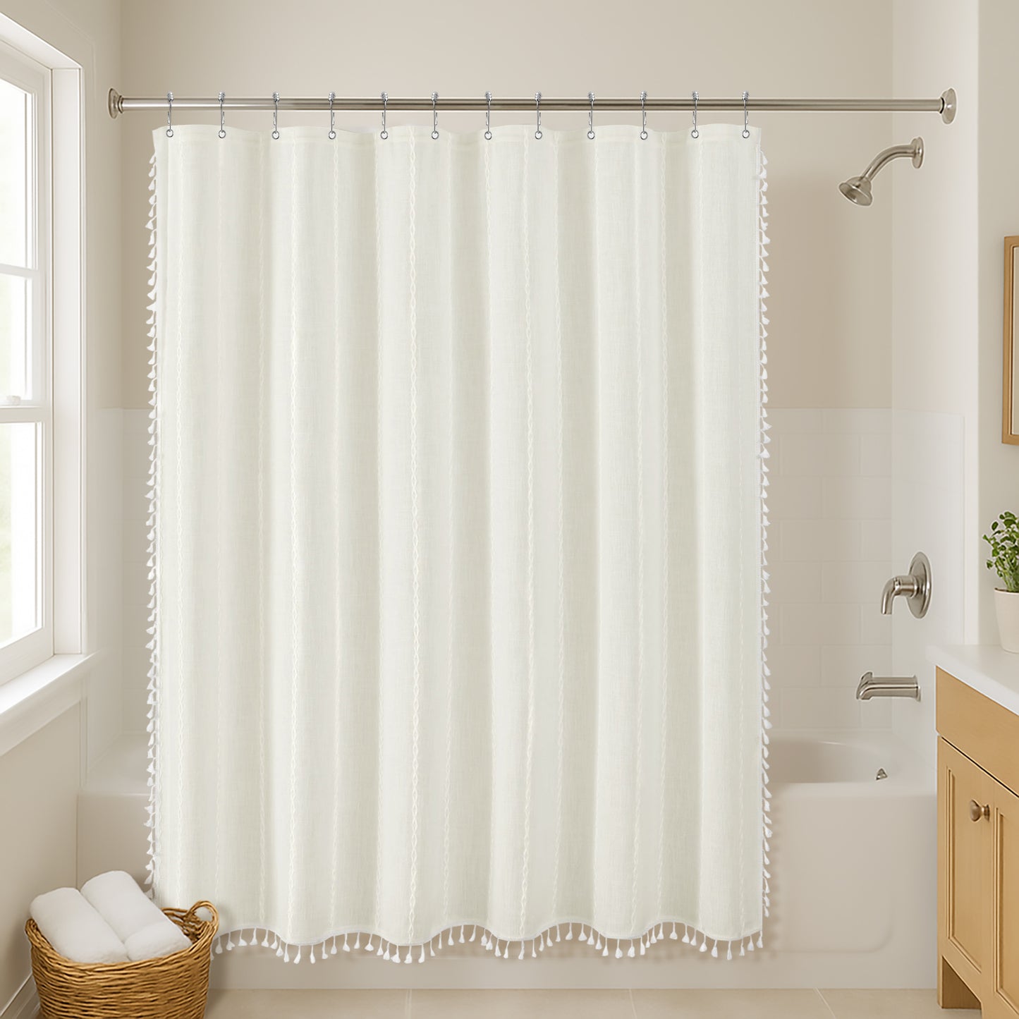 71x71 Woven Linen Shower Curtain with Tassel Accents and 12 Grommets | Solid Color
