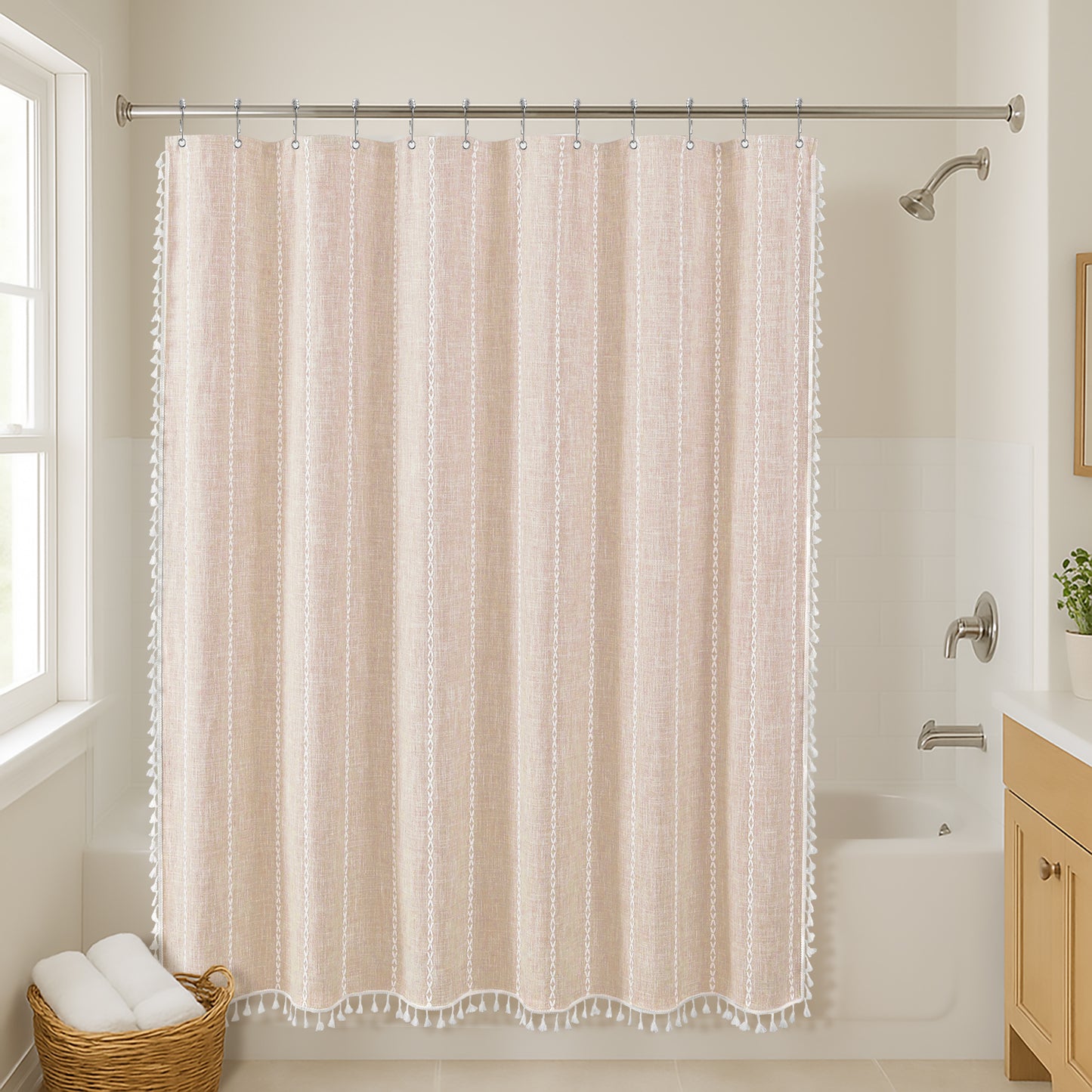71x71 Woven Linen Shower Curtain with Tassel Accents and 12 Grommets | Solid Color