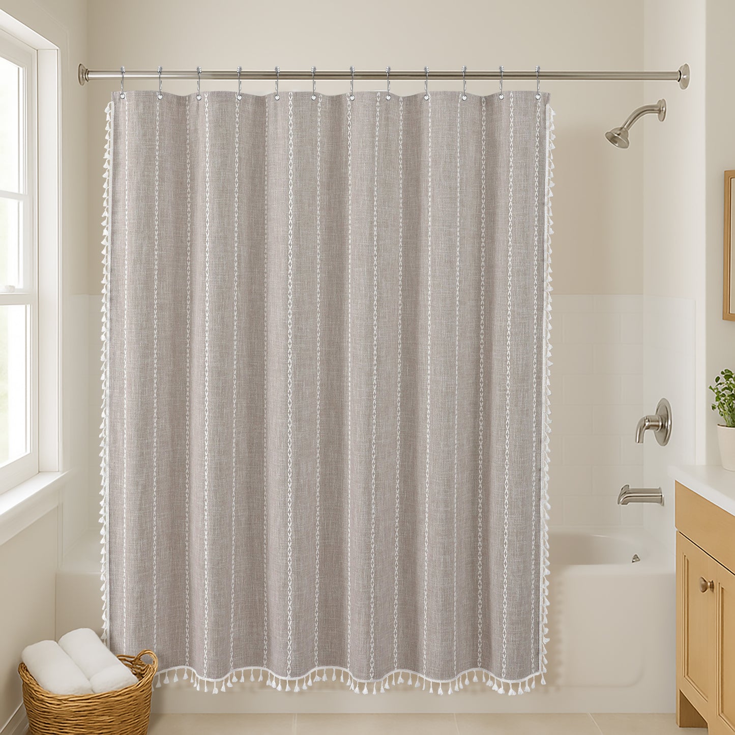 71x71 Woven Linen Shower Curtain with Tassel Accents and 12 Grommets | Solid Color