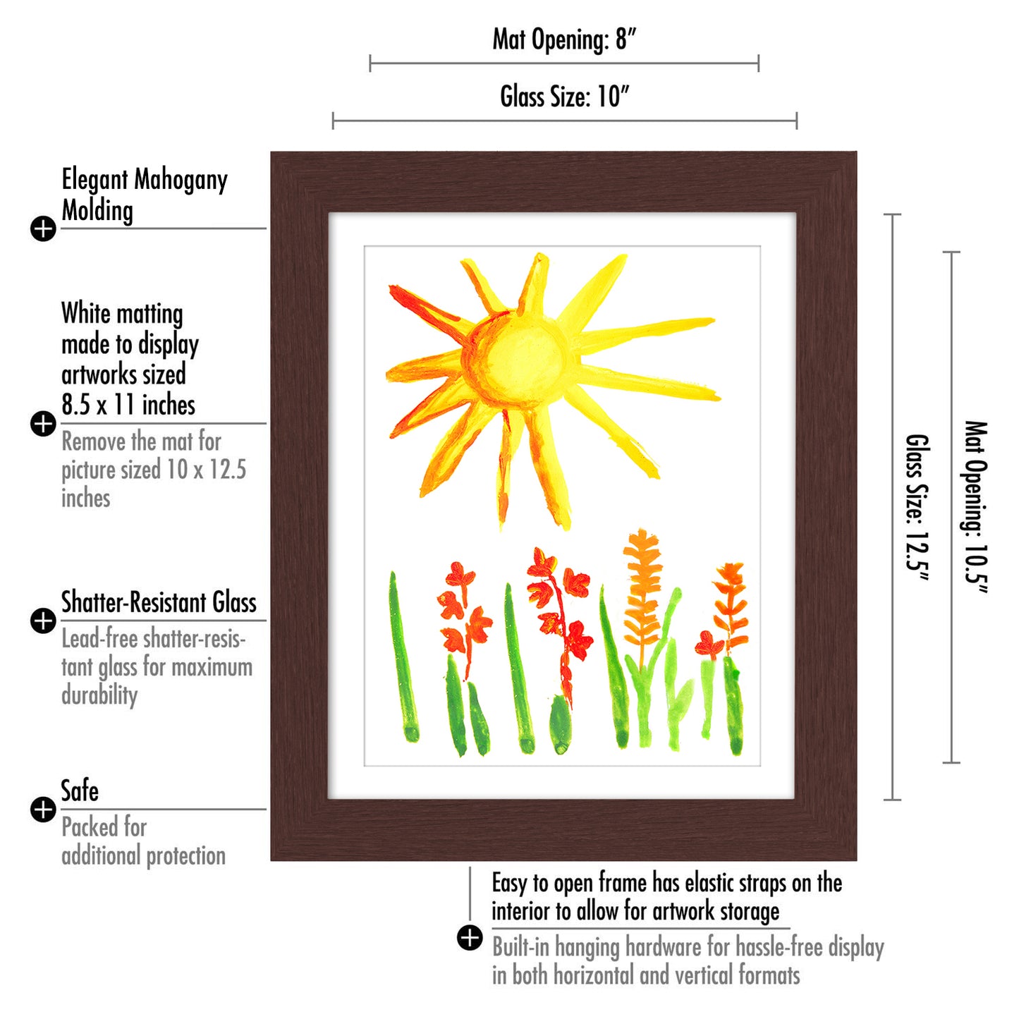 Front Loading Kids Art Frame - 8.5x11 Picture Frame with Mat and 10x12.5 Without Mat