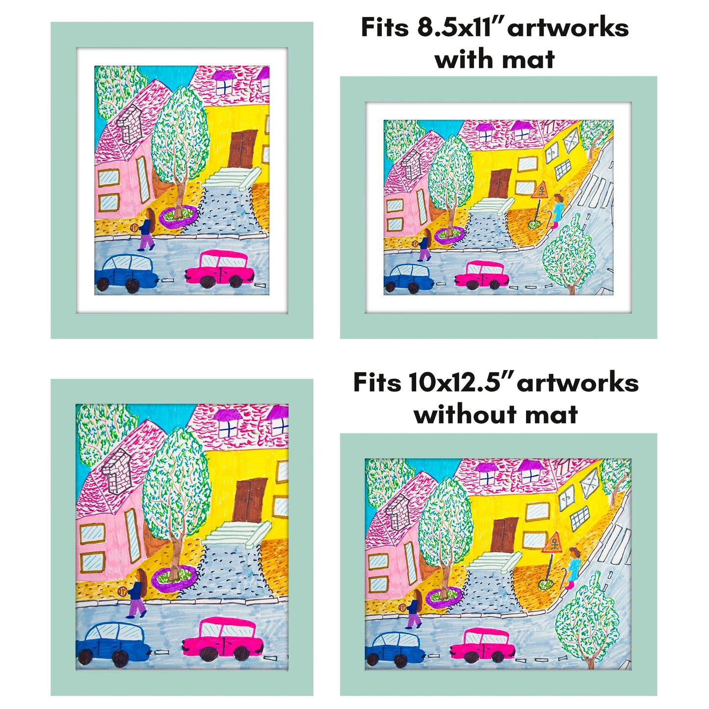 Front Loading Kids Art Frame - 8.5x11 Picture Frame with Mat and 10x12.5 Without Mat