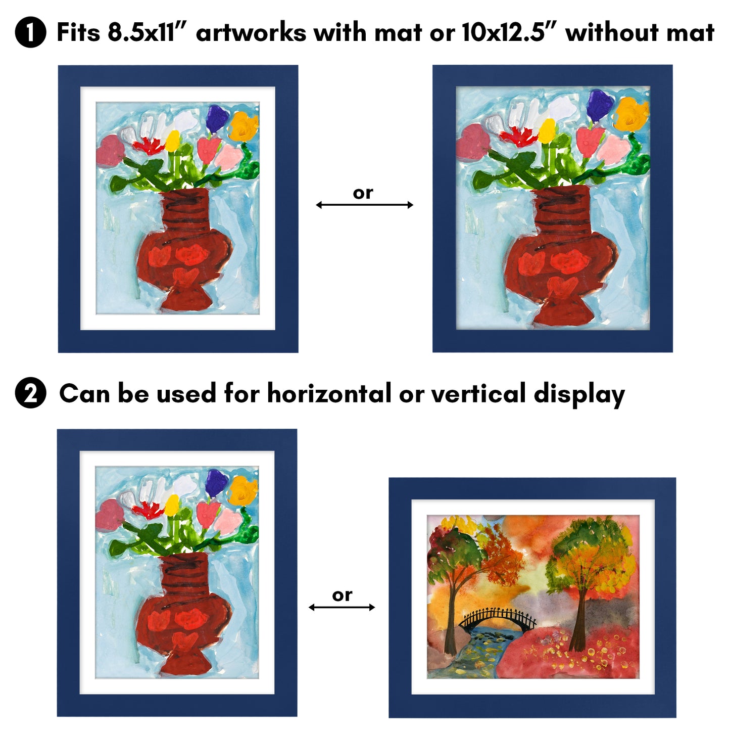 Americanflat Kids Art Frame 10x12.5 inches with 8.5x11 inches Mat - Composite Wood And Glass - Holds 100 Artworks