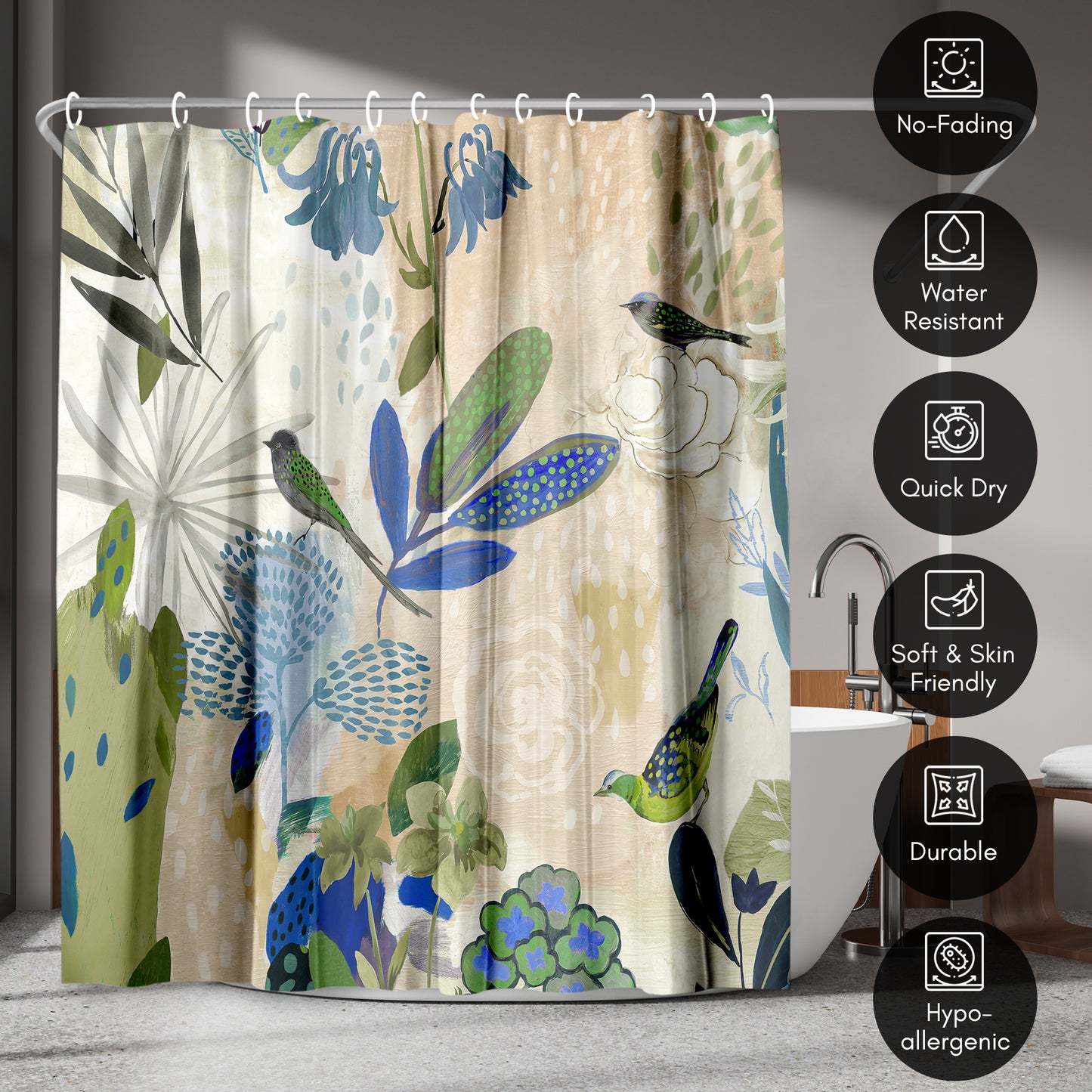 71x74 Abstract Shower Curtain with 12 Metal Grommets | Botanical Design