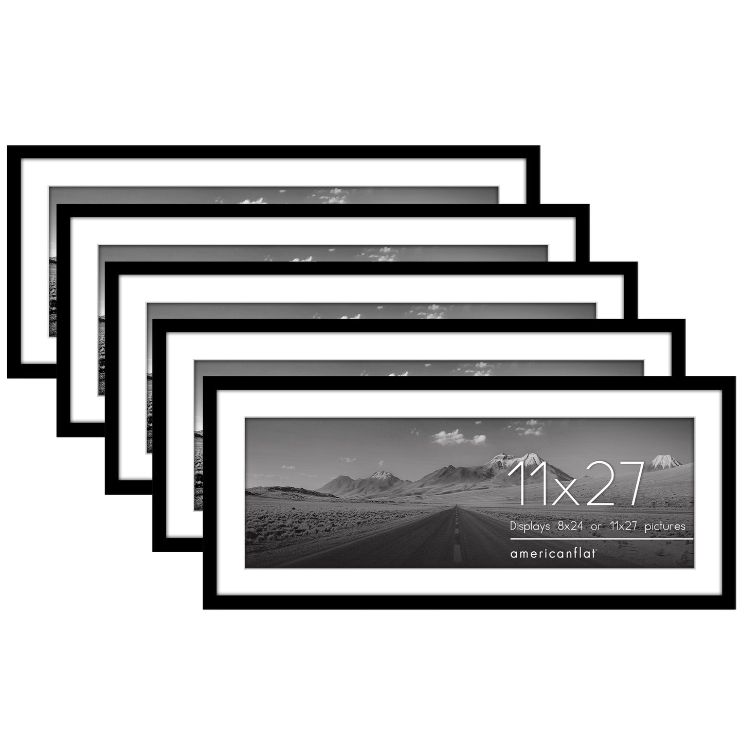 Americanflat 11x27 Poster Frame with Polished Plexiglass - Set of 5 - Use as 8x24 Frame with Mat or 11x27 Frame Without Mat - Galleria Collection - Gallery Wall Frame Set for Wall Display - Black