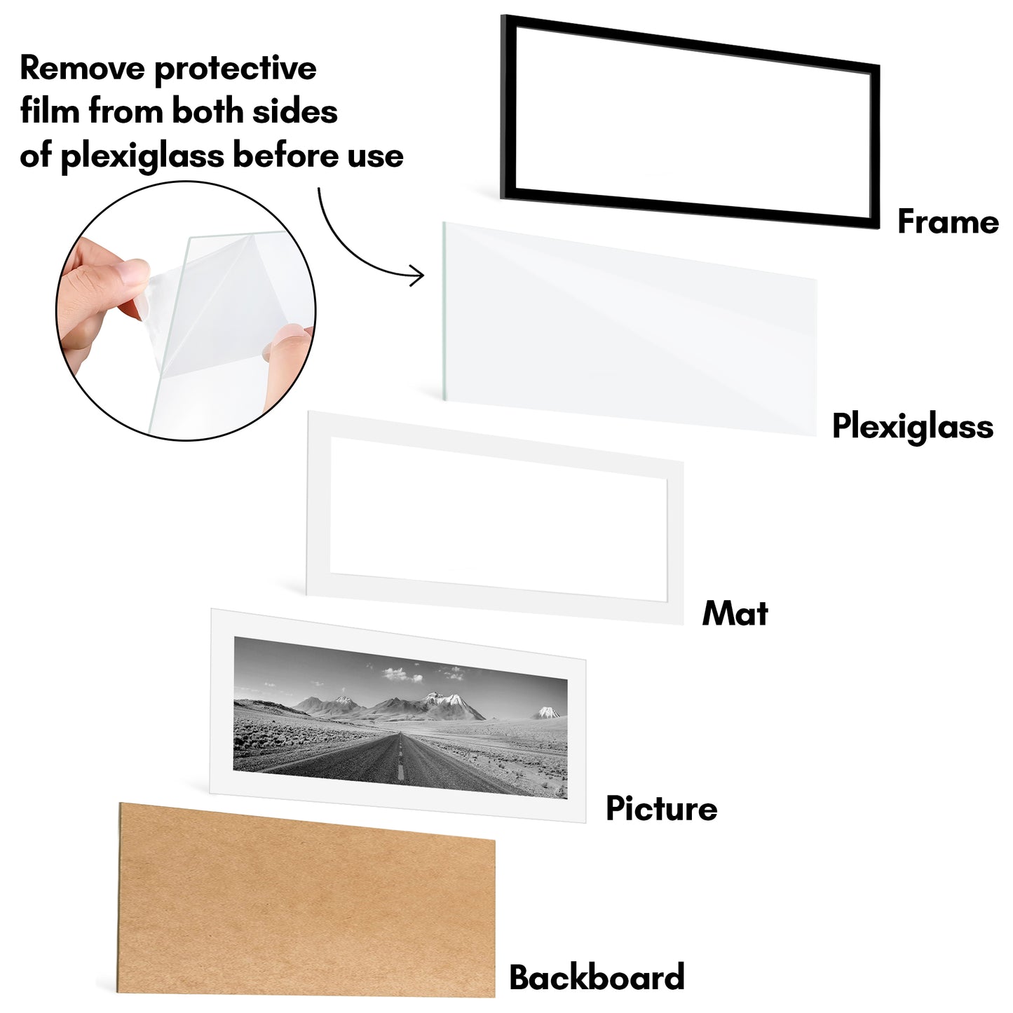 Americanflat 11x27 Poster Frame with Polished Plexiglass - Set of 5 - Use as 8x24 Frame with Mat or 11x27 Frame Without Mat - Galleria Collection - Gallery Wall Frame Set for Wall Display - Black