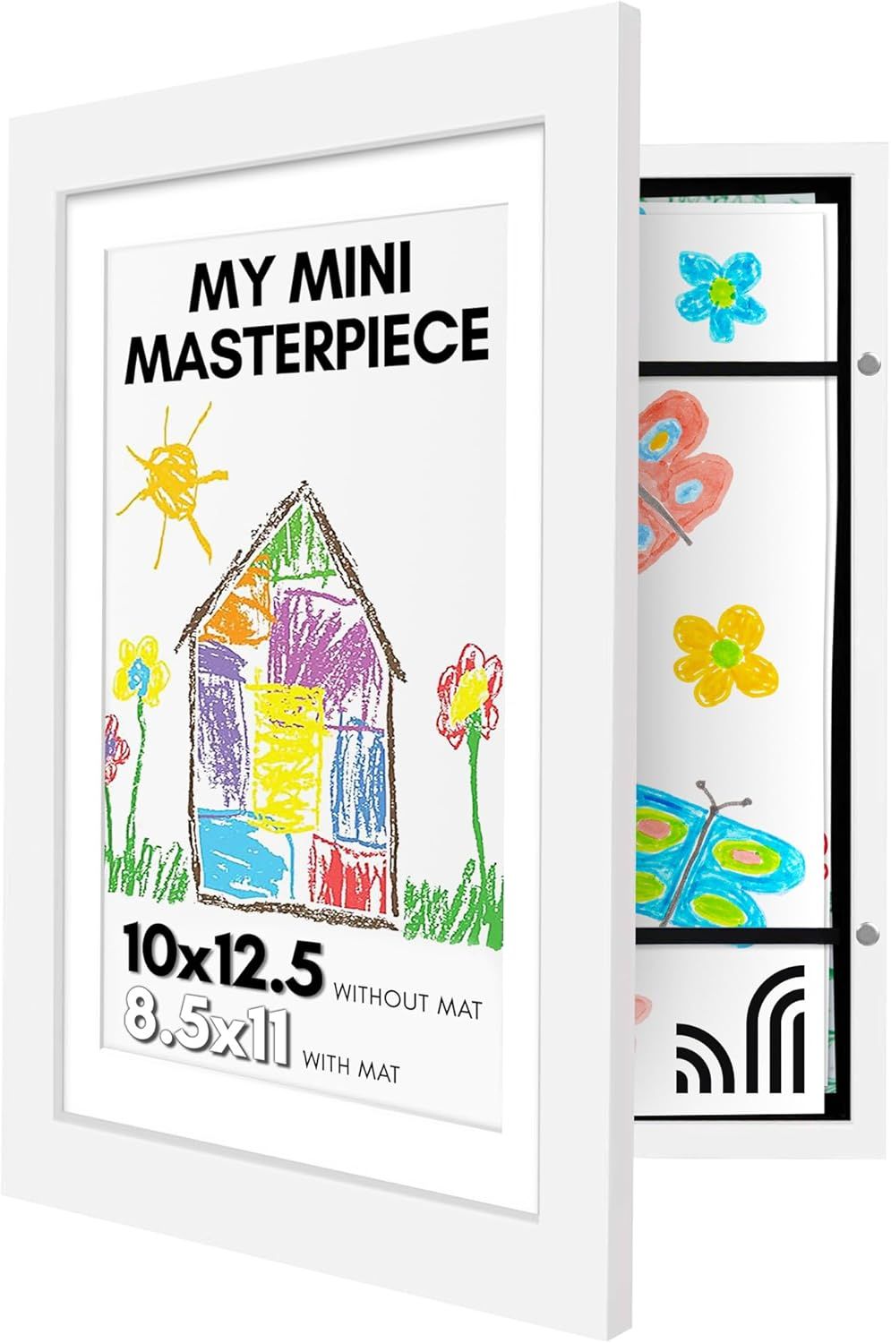 Americanflat 10x12.5 Kids Art Frame - Front Loading Picture Frames Hold 100 Artworks - Use as 8.5x11 Frame with Mat or Display 10x12.5 Artwork Without Mat - My Mini Masterpiece - White