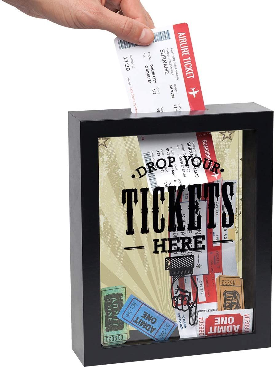 Americanflat 7x9 Drop Your Tickets Here Shadow Box Frame with Polished Glass - Memory Ticket Shadow Box with Slot On Top for Wall - Black Ticket Box for Sports, Concert, Movie Stub or Travel Keepsake