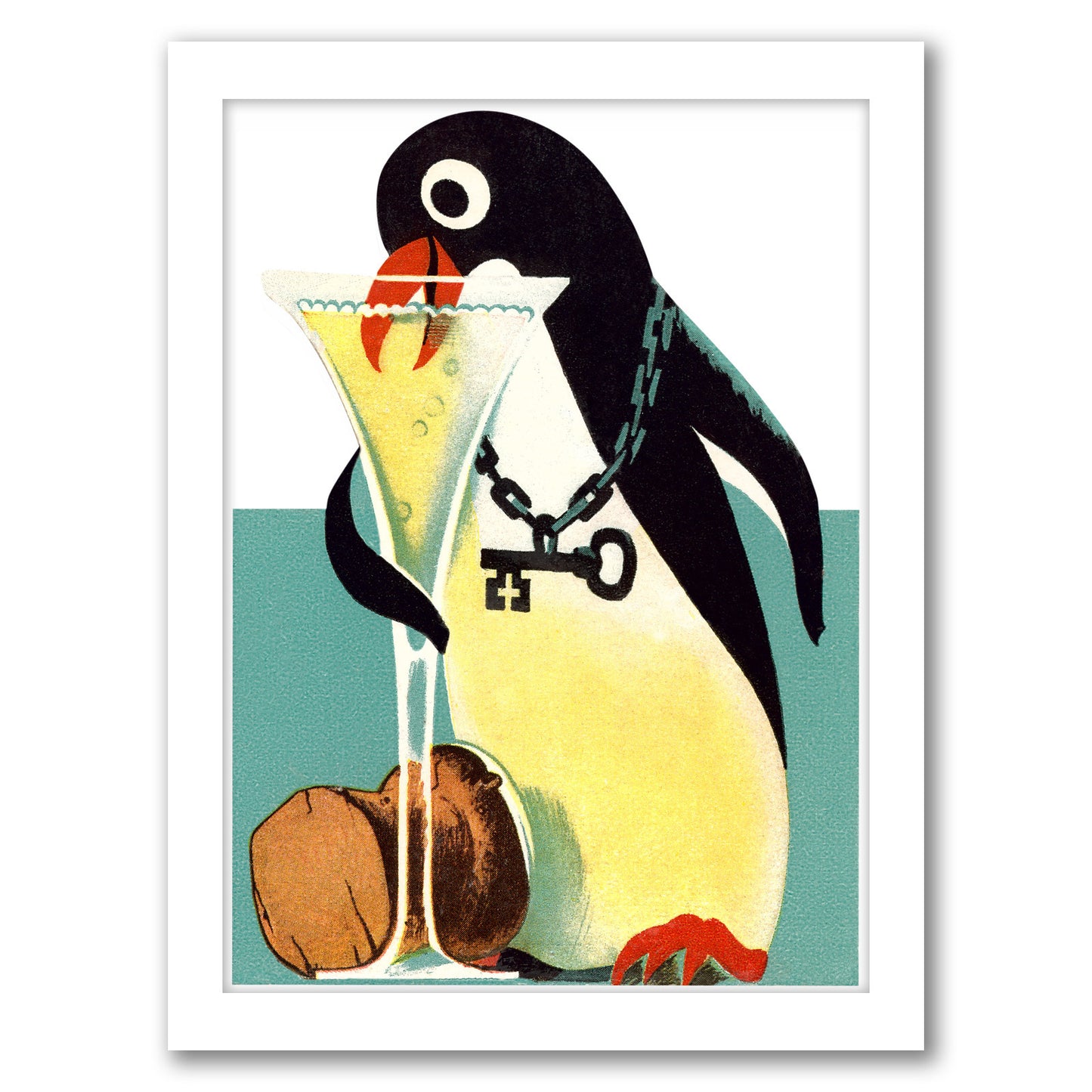 Penguin With Key Drinking Champagne by Found Image Press - Framed Print