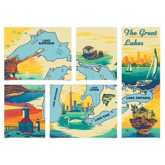The Great Lakes Map 5 Piece Grid Wall Art Room Decor Set  - Print