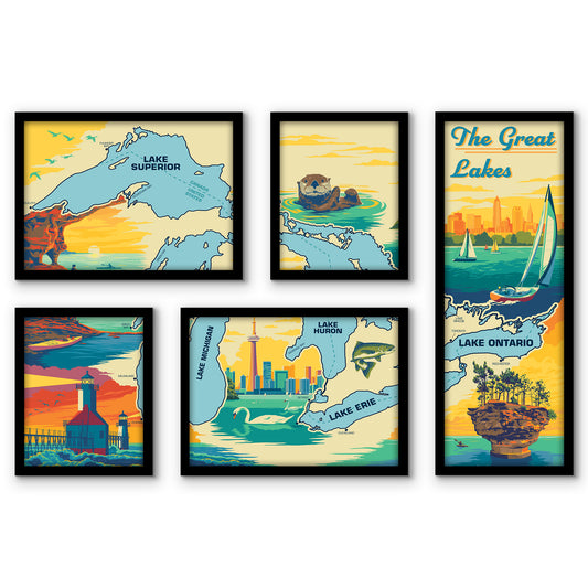 The Great Lakes Map 5 Piece Grid Wall Art Room Decor Set  - Framed