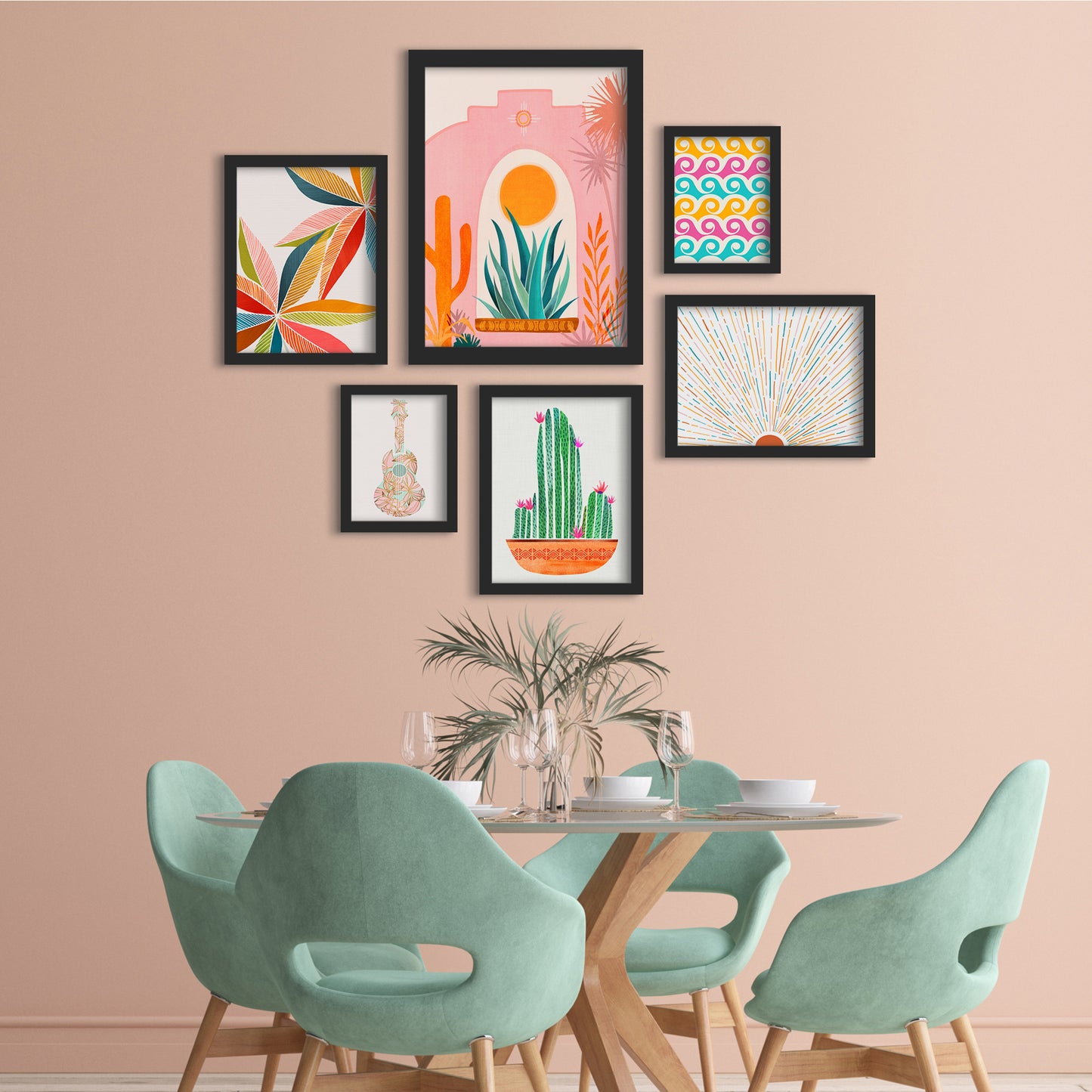 Orange Green Pink Sun & Cactus - 6 Piece Framed Gallery Wall Set - Art Set - Americanflat